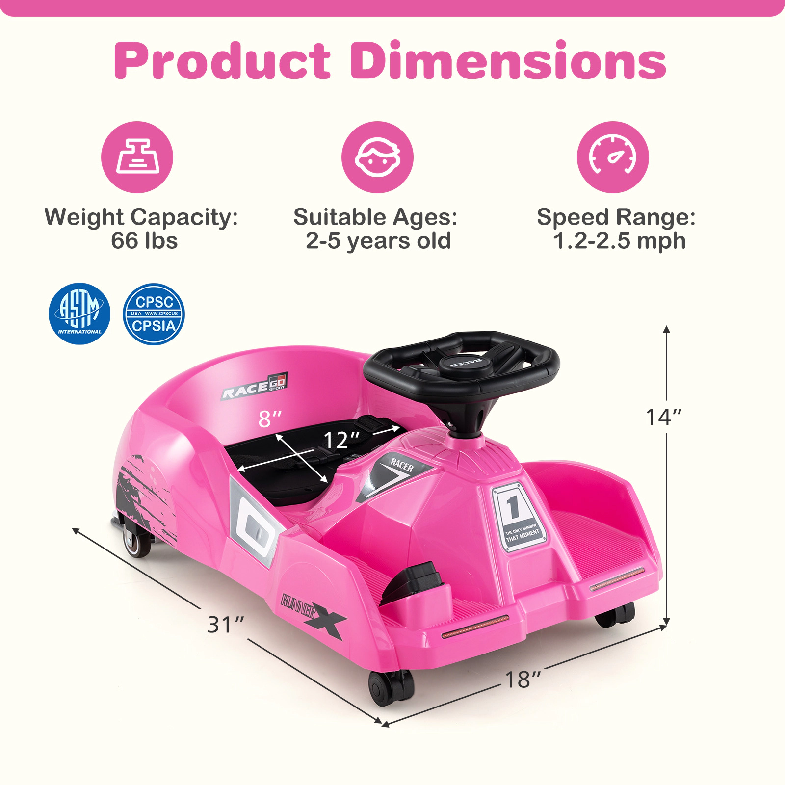 SUGIFT Pink Detachable Mop and Remote Control 12V Kids Electric Cleaning Go Kart