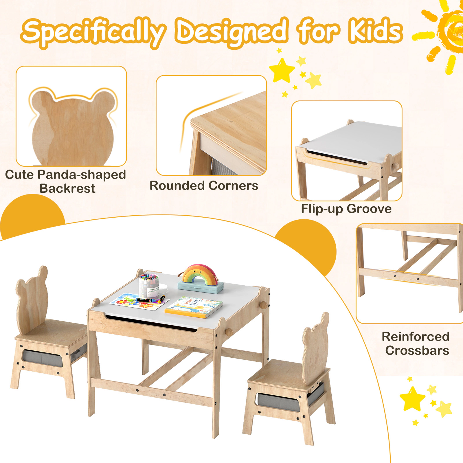SUGIFT Kids Table and Chairs Set, 4-in-1 Reversible Whiteboard, Panda Chair Backs, 2 Fabric Drawers
