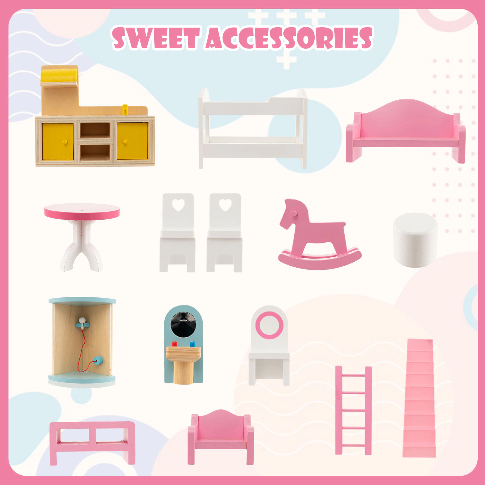 Doll House Playset 3-Story with 6 Rooms and 15-pc Furniture Semi-Open Design 23-in x 12-in x 36-in Pink