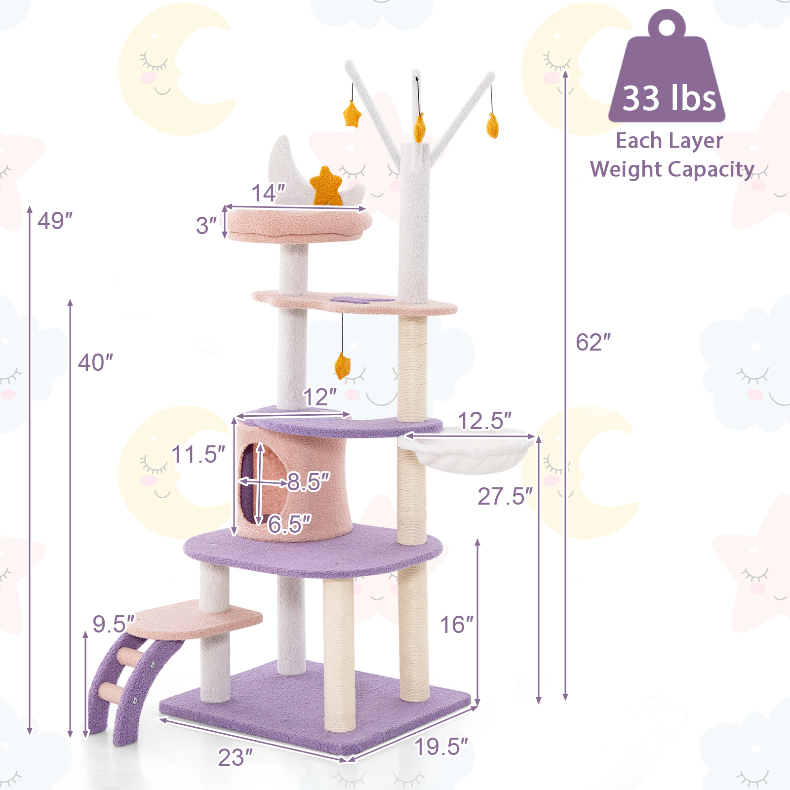 SUGIFT Multi-level Cat Tree Tower Sisal Covered Scratching Posts 33-lb Each Layer & 22-lb Hammock Capacity Purplish Pink