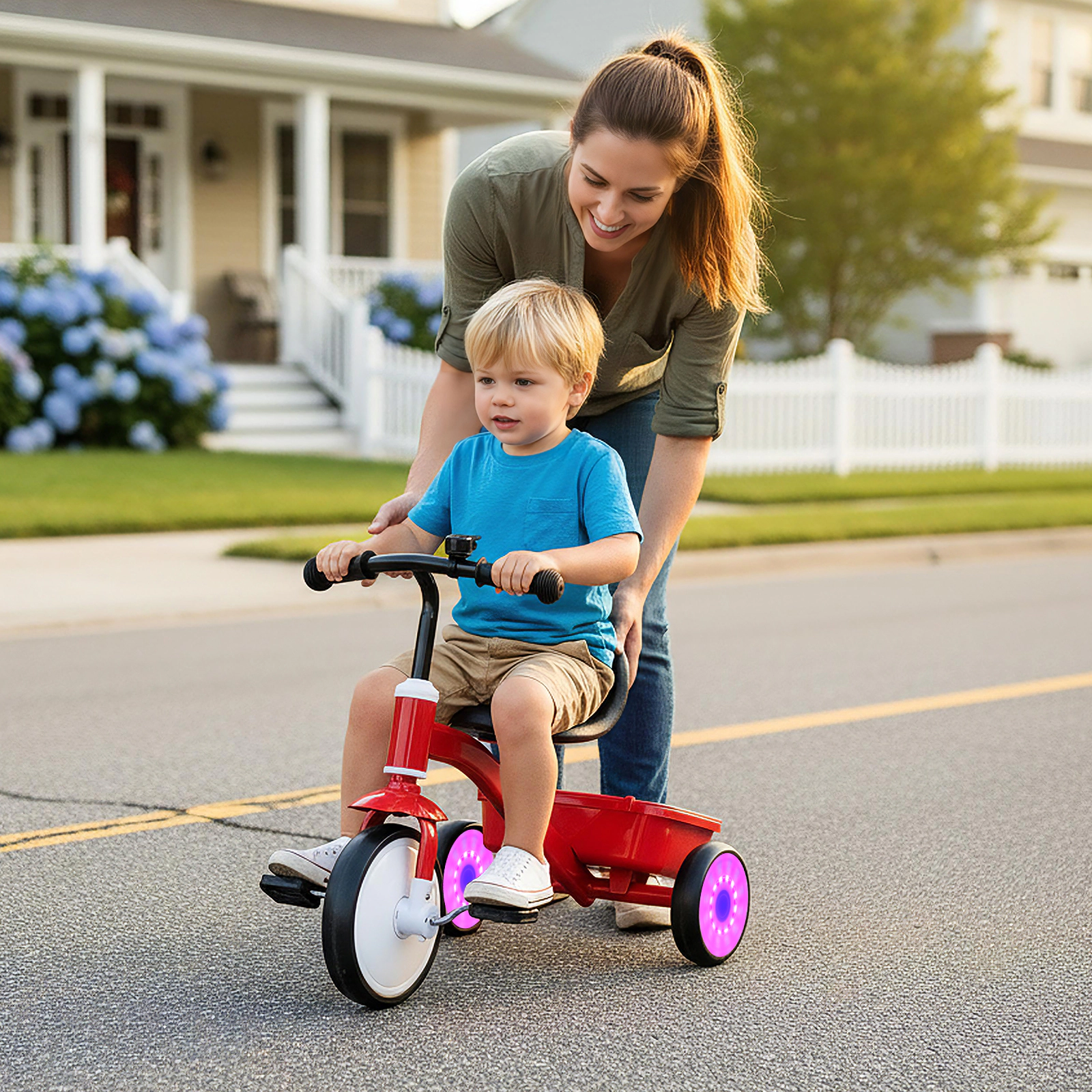 Toddler Tricycle with 4-Position Seat 135-Degree Steering Limit and Glowing Rear Wheels for Ages 3-5 Storage Bin