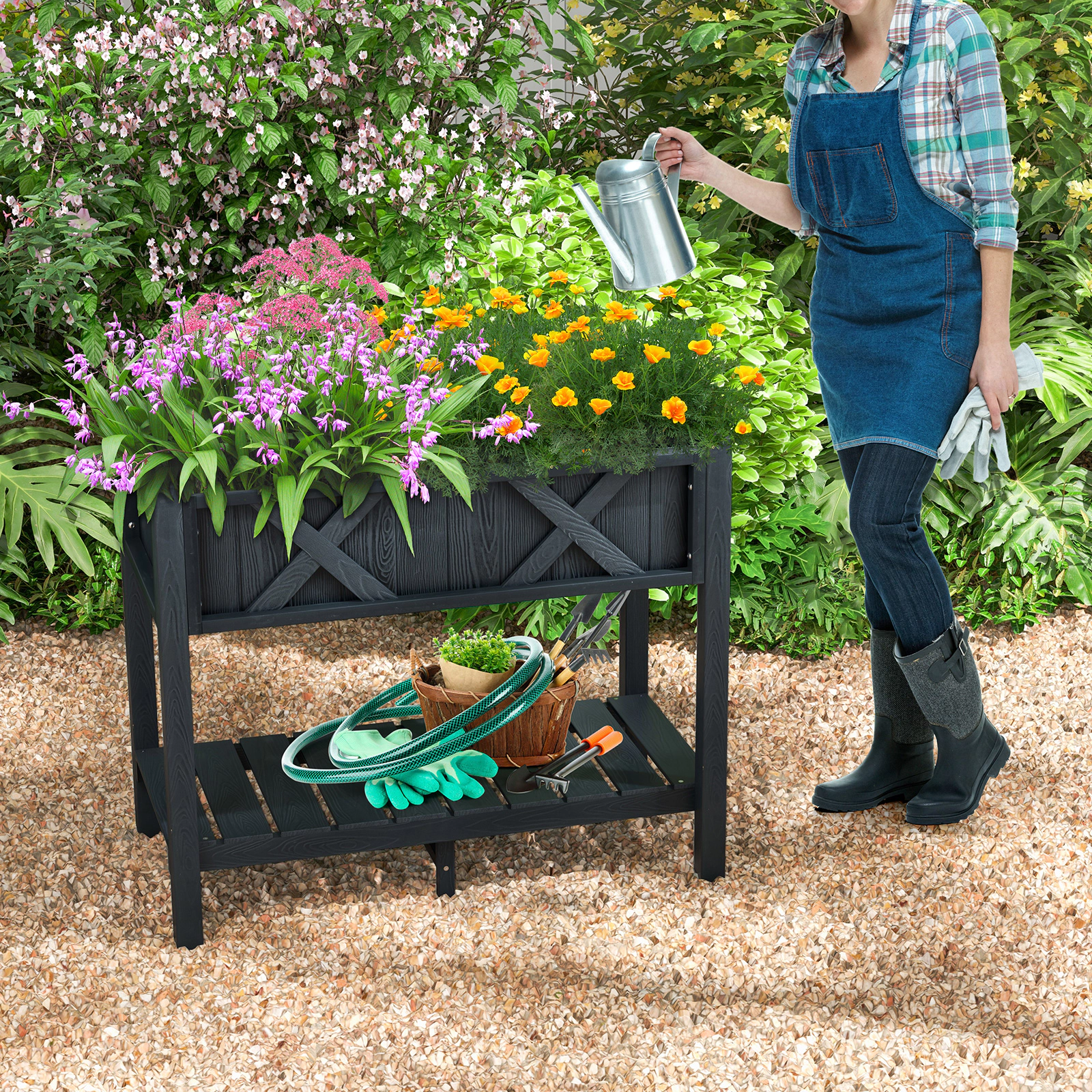 SlickBlue Outdoor Elevated Garden Planter with Bottom Storage Shelf
