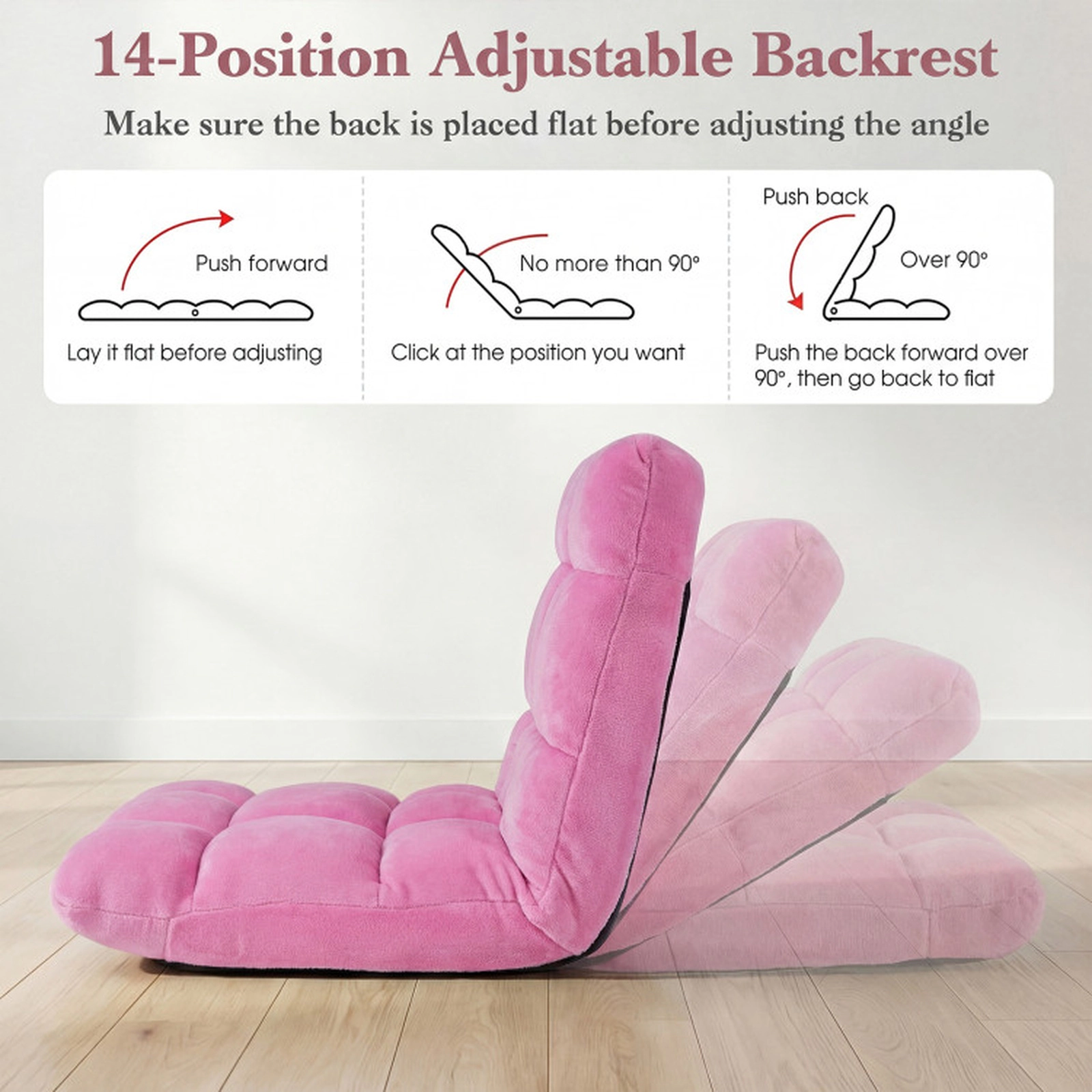SUGIFT 14-Position Adjustable Backrest Padded Flannel Folding Floor Chair 41.5-in x 22-in x 6-in 200-lb Capacity Pink