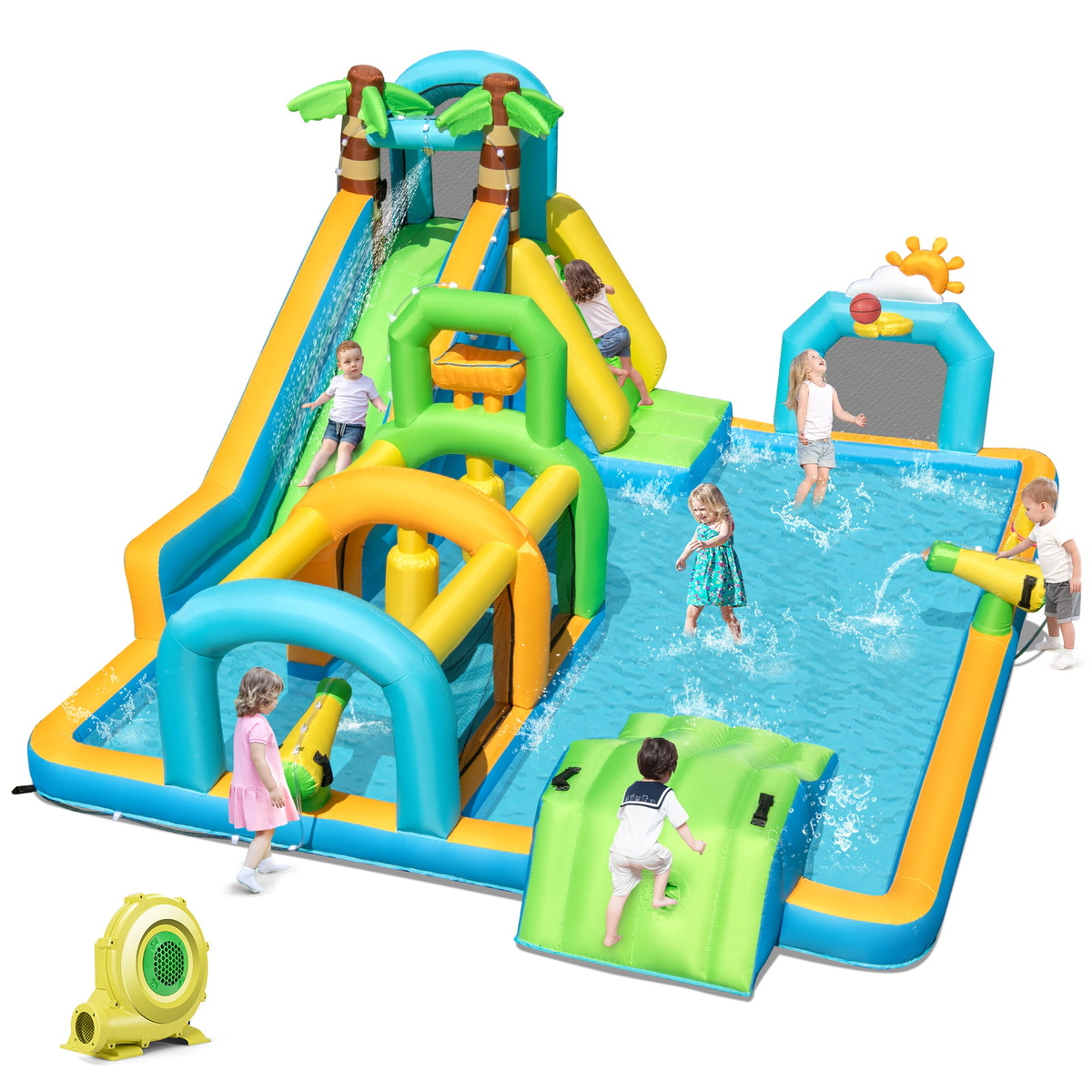 SUGIFT Tropical Dual Slide Climbing Wall and 735W Blower Kids Inflatable Water Slide Aqua Park