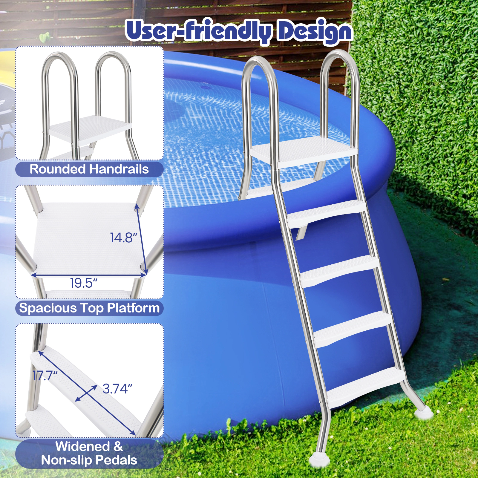 SUGIFT Silver 4-Step Above Ground Pool Ladder with Non-Slip Pedals for 55-in Wall 75.6-in H 265-lb User Capacity