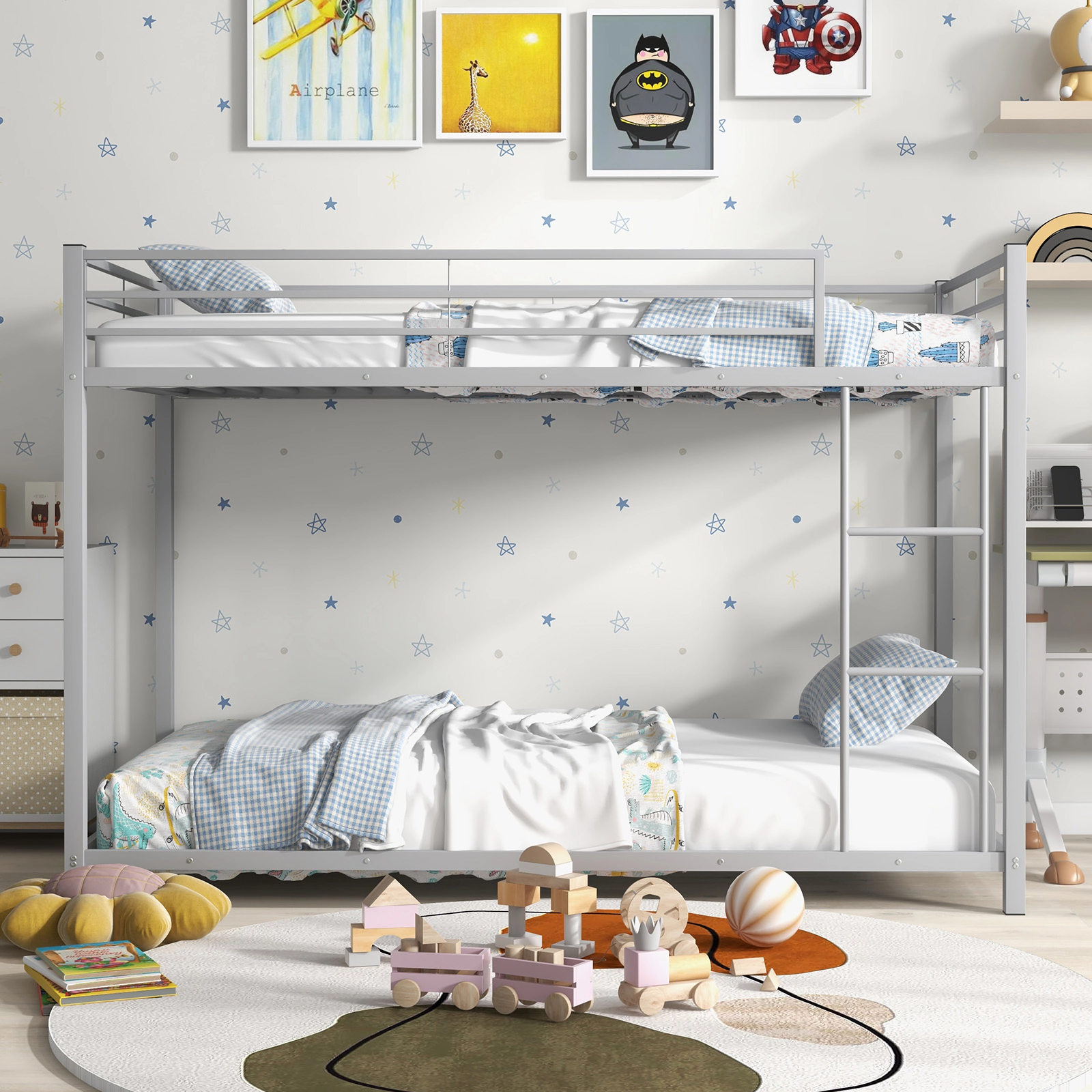 SUGIFT Twin-Over-Twin Low-Profile Metal Bunk Bed, Silver