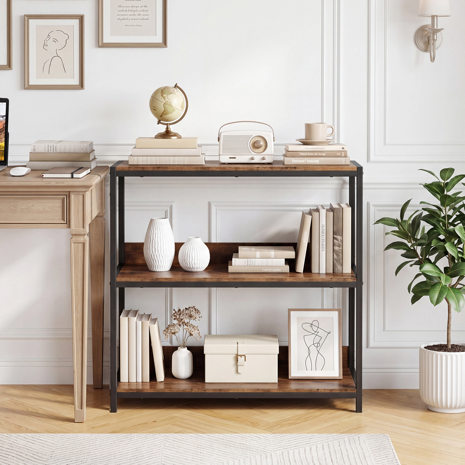 Costway 2 PCS 3-Tier Bookshelf, Industrial Small Bookcase with Wooden Shelves & Metal Frame