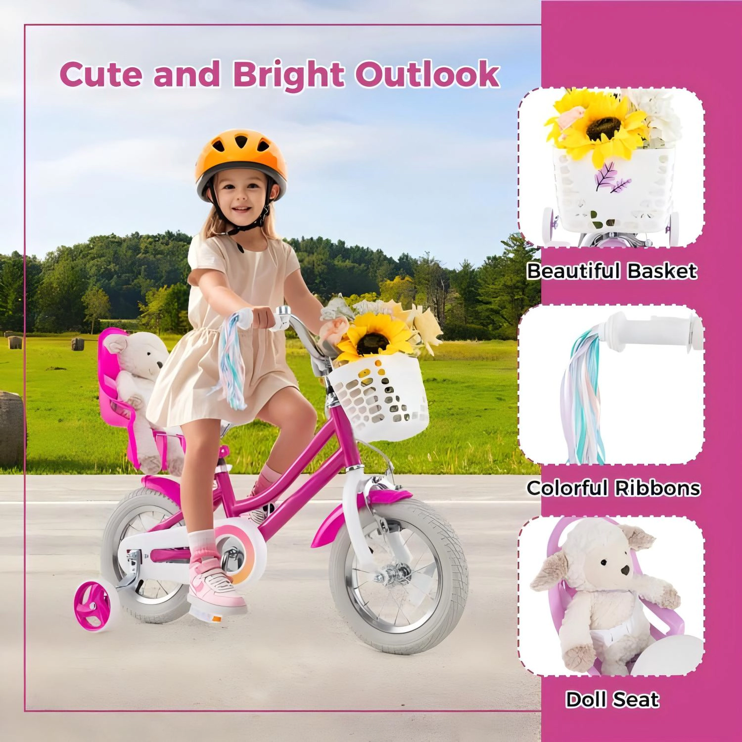 SUGIFT Rose Red Training Wheels Ribbons and Adjustable Seat Kids Bike