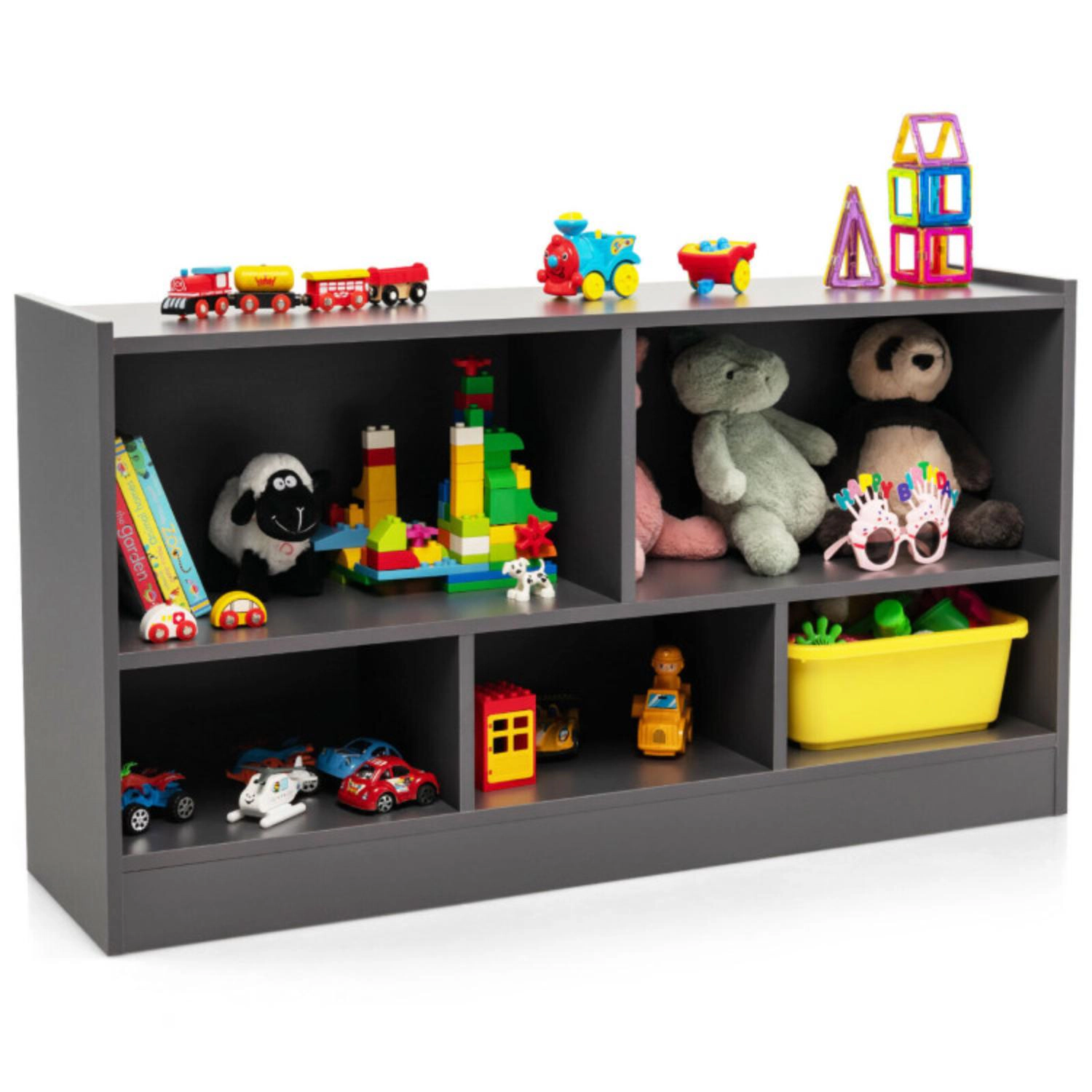 Hivvago Kids 2-Shelf Bookcase 5-Cube Wood Toy Storage Cabinet Organizer