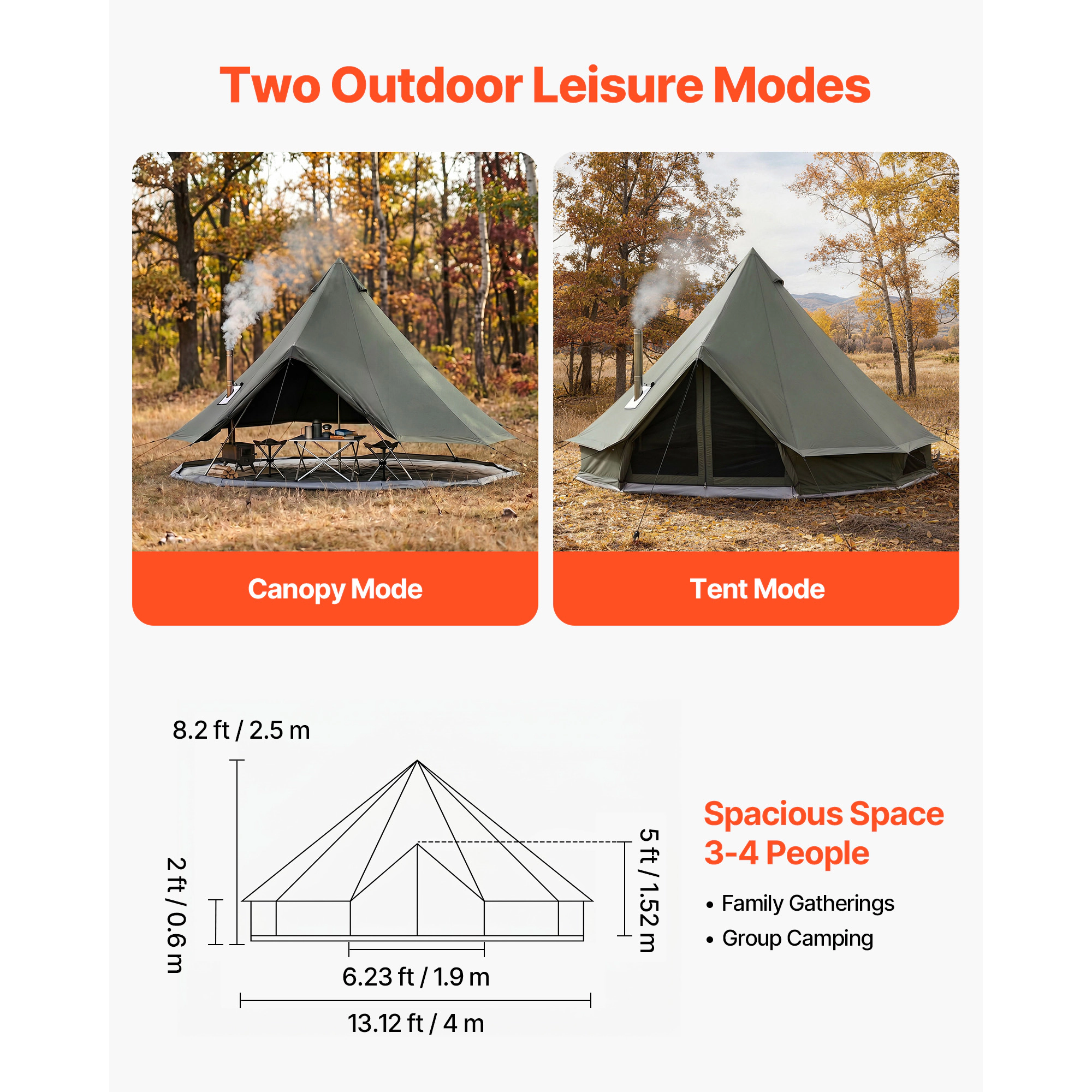 HONGGE Canvas Bell Tent 4 Seasons Yurt Tent for Camping with Stove Jack Canvas Breathable Holds with Zipped Detachable