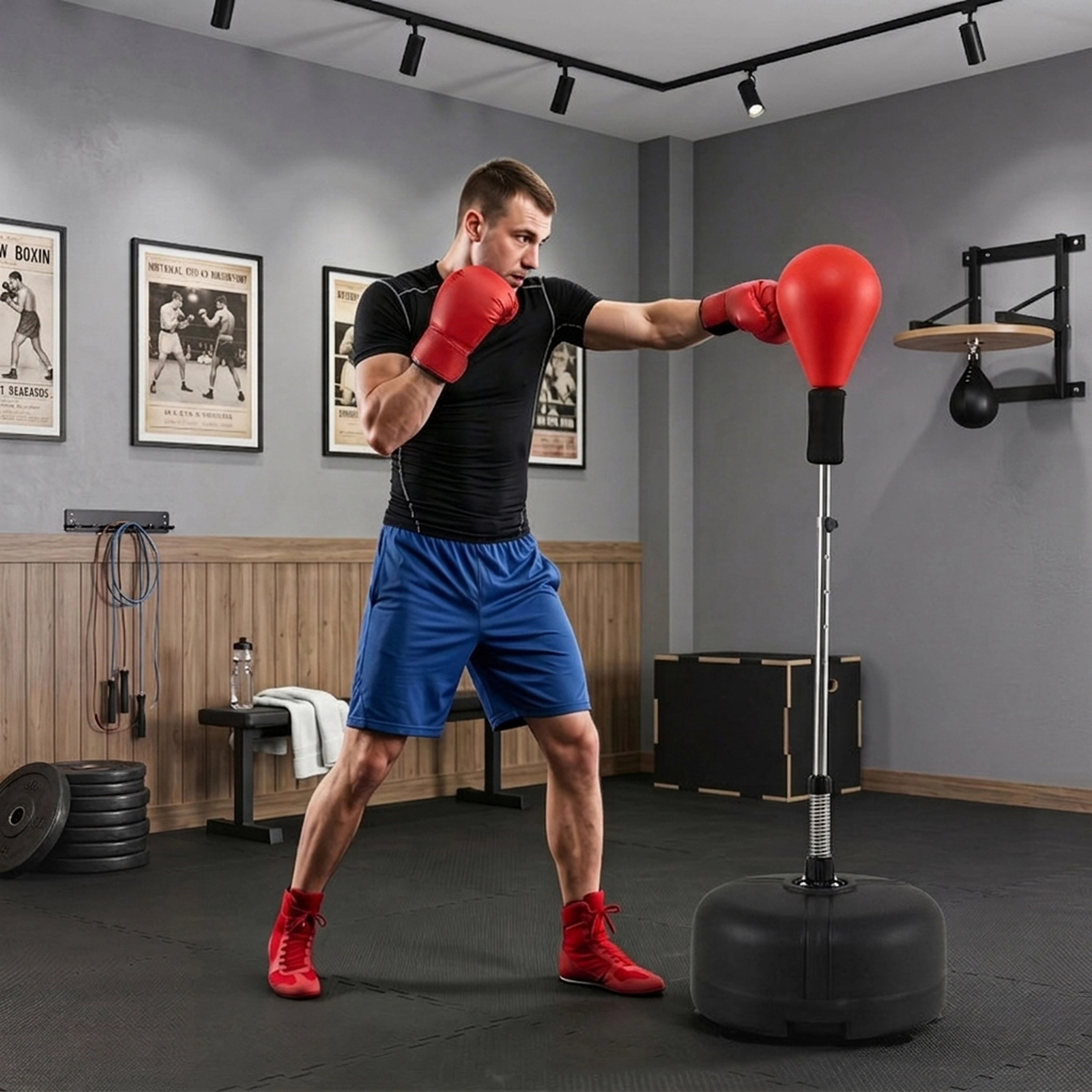 SUGIFT Teen and Adult Red 4-Level Adjustable Punching Bag with Stand and Boxing Gloves 19-in W 54.5-in to 62-in H
