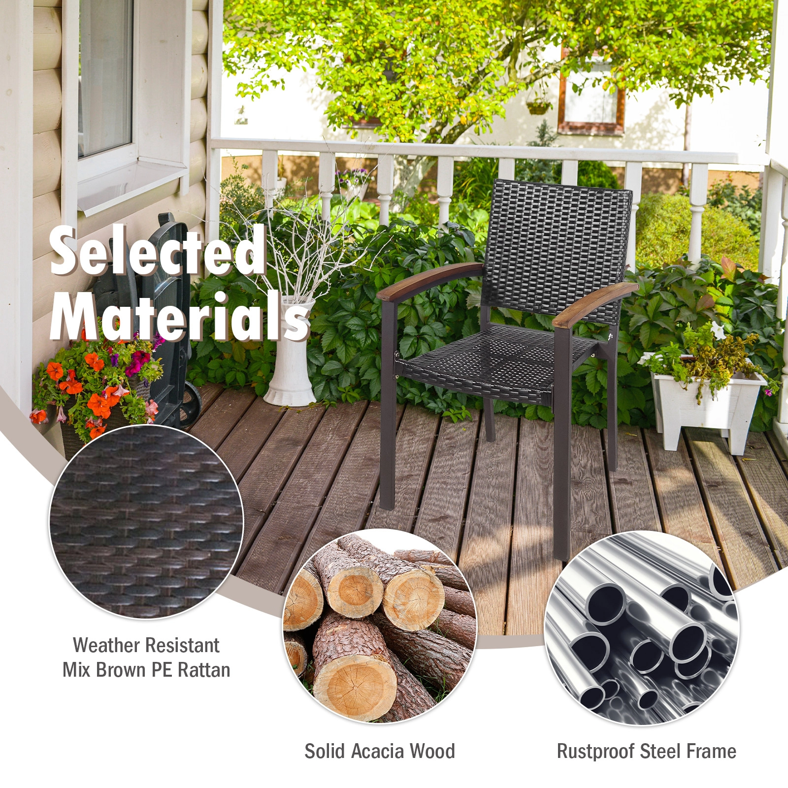SUGIFT Outdoor Patio Dining Armchairs Set of 2, Stackable PE Rattan Wicker, Acacia Wood Arms