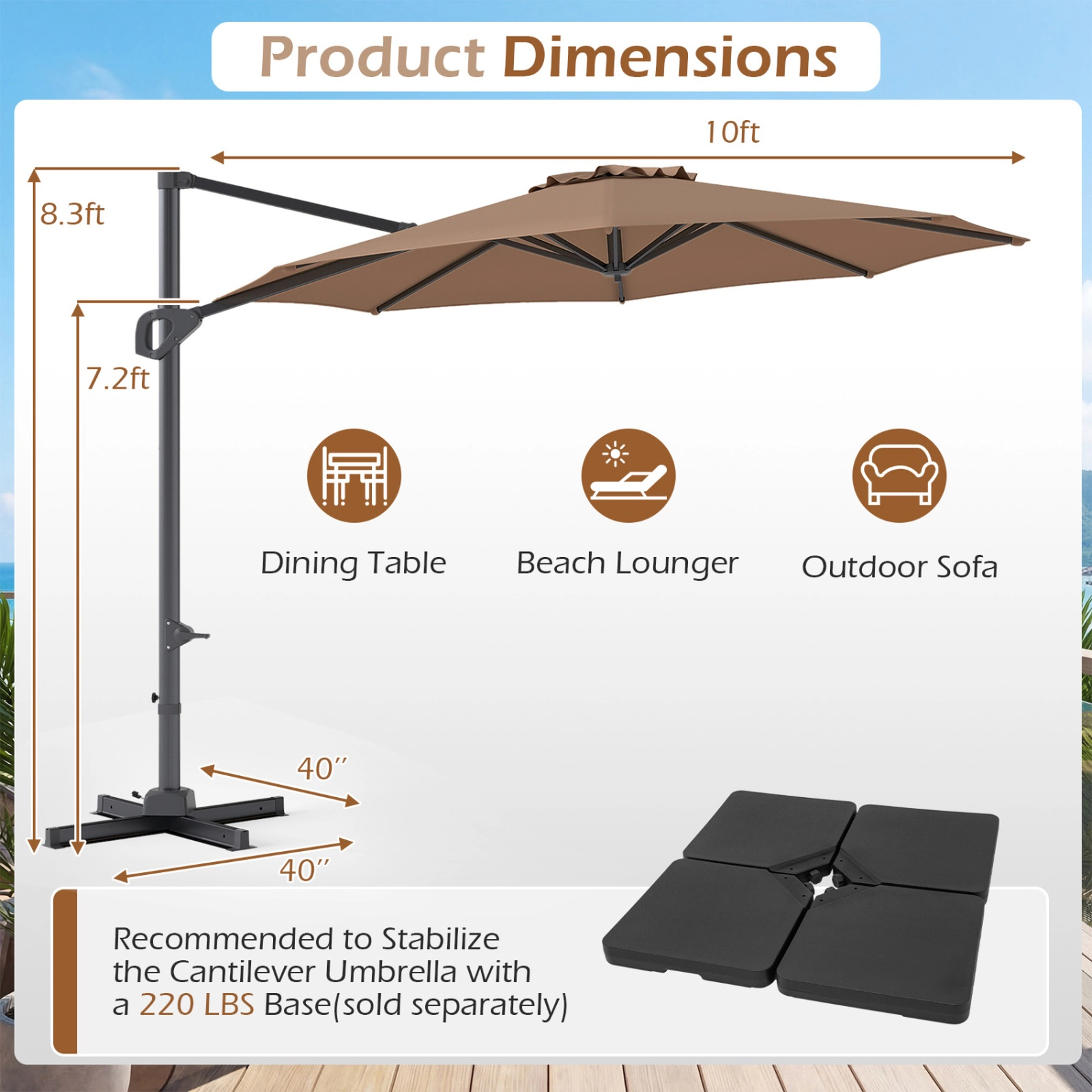 SUGIFT 10-ft Brown Cantilever Patio Umbrella with 360-Degree Rotation, Crank Lift and Push-Button Tilt