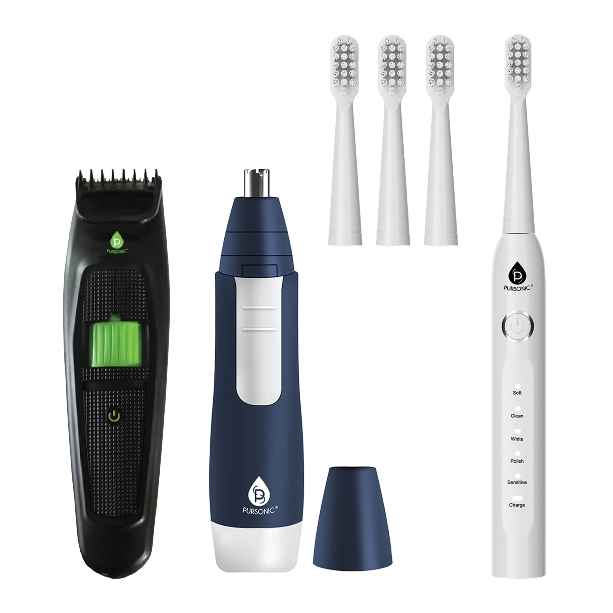 Pursonic Men's Grooming & Personal Care Bundle: Rechargeable Toothbrush, Beard & Body Trimmer & Nose/Ear Trimmer