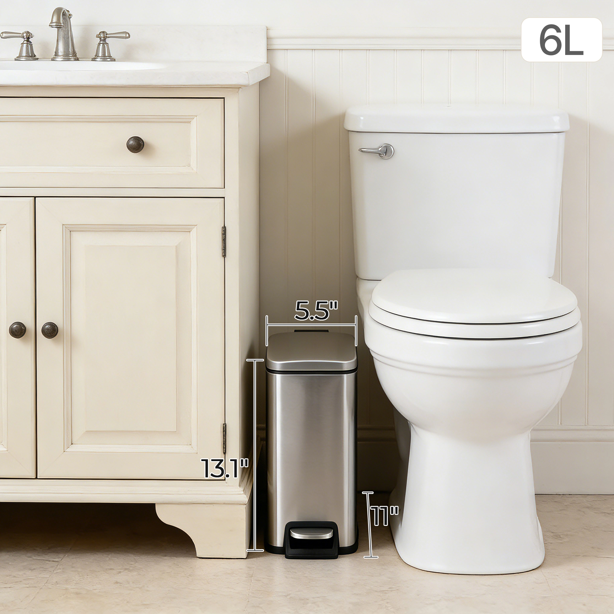 Innovaze 11.9 Gal./ 45 L + Two 1.6 Gal./6 L Rectangular Step-on Trash Can Set for Bathroom and Kitchen