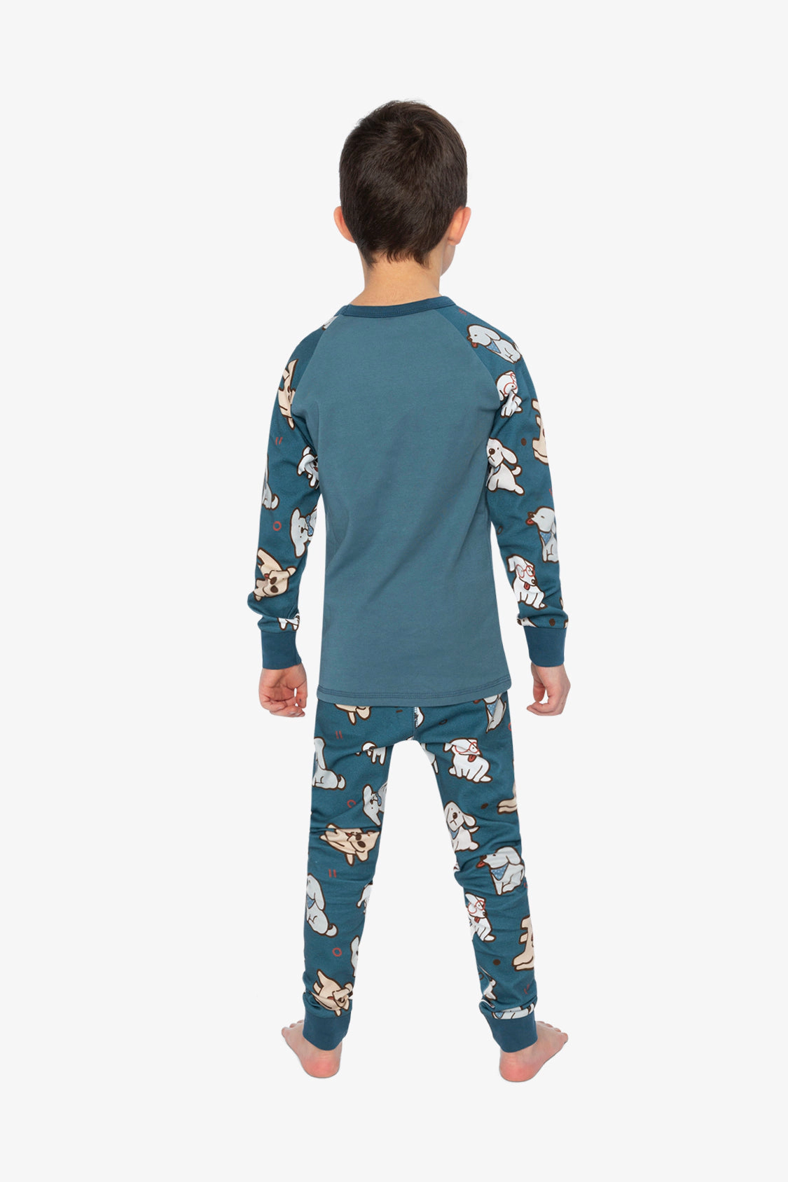 Deux par Deux Boys Organic Cotton Dog Print Two Piece Pajama Set with Raglan Sleeve Top and Waist Pants