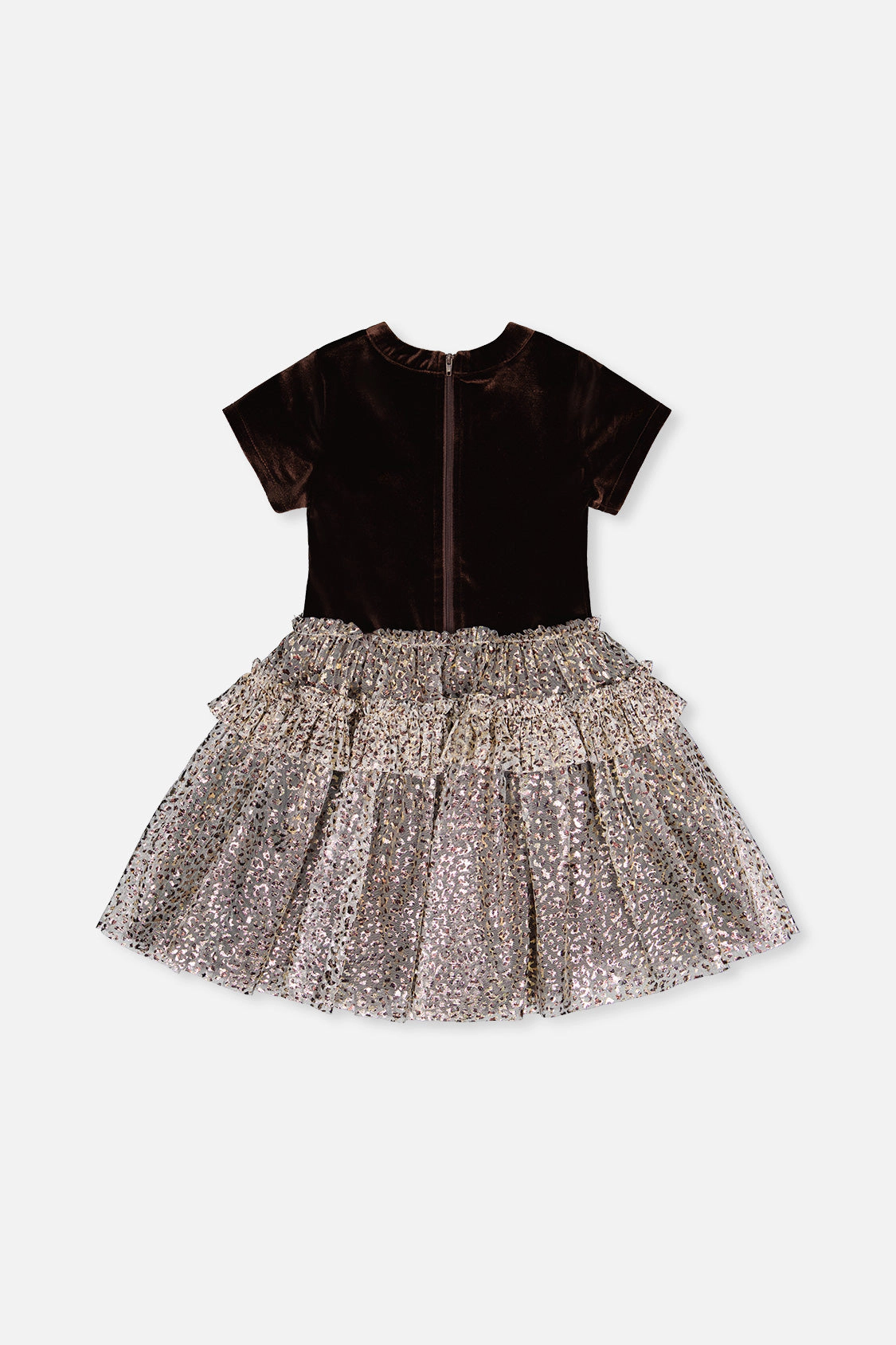 Deux par Deux Girls Bi-Material Short Sleeve Dress with Metallic Leopard Printed Mesh Skirt