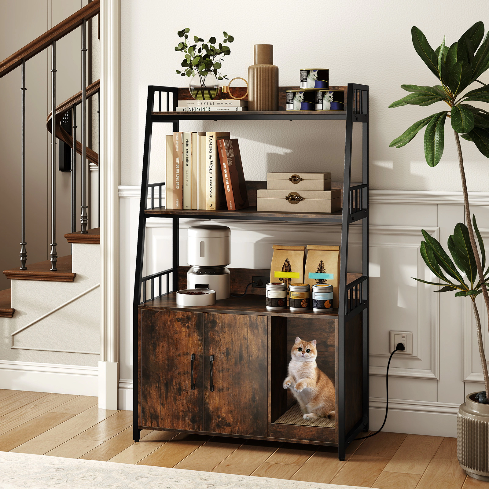 SUGIFT Rustic Brown Cat Litter Box Enclosure with 2 Storage Shelves and Scratching Pad 31.5-in W 15.5-in D 52-in H