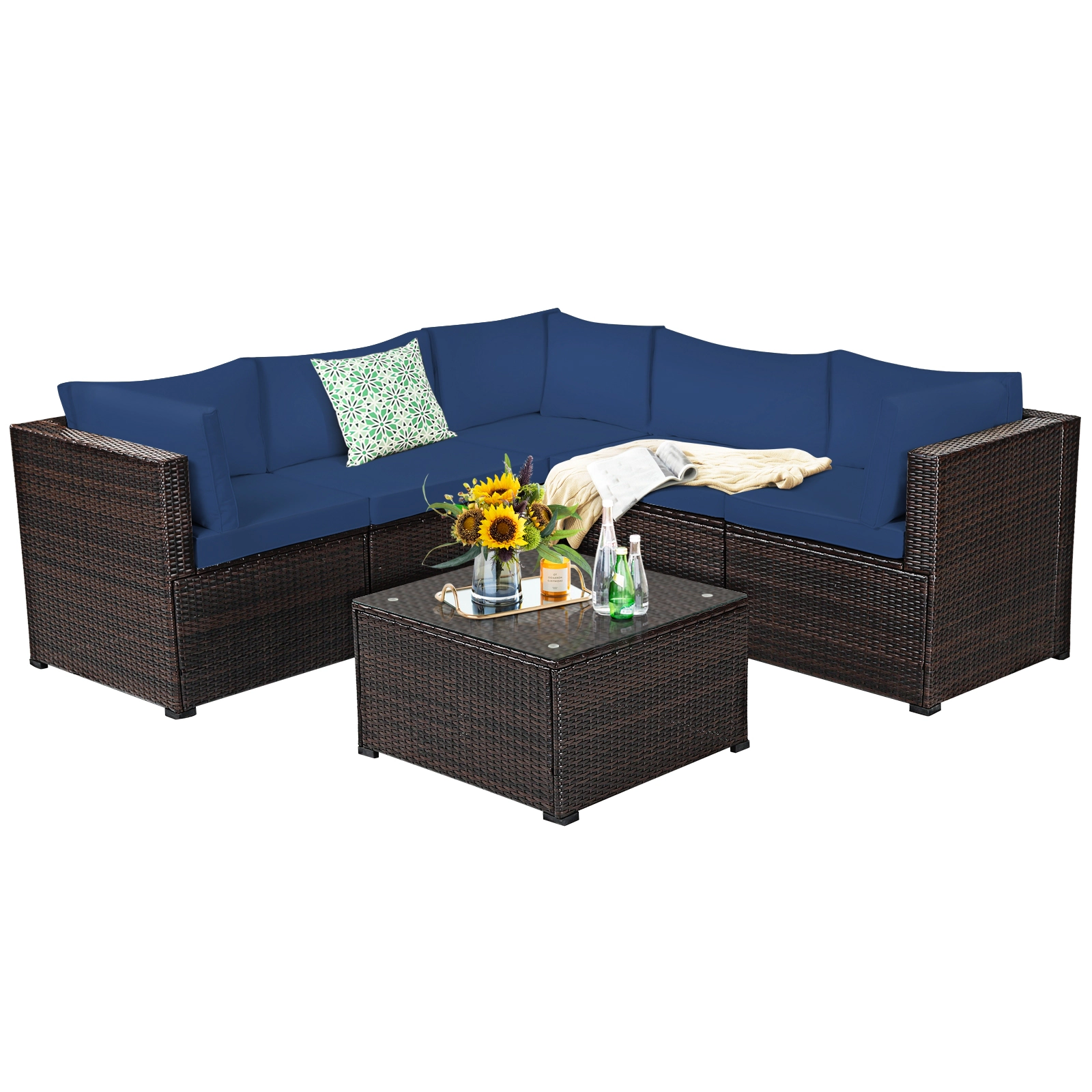 SUGIFT 6-Piece Navy Patio Rattan Sectional Set with Glass Table 27.5-in W 27.5-in D 27.5-in H 360-lb Sofa Capacity