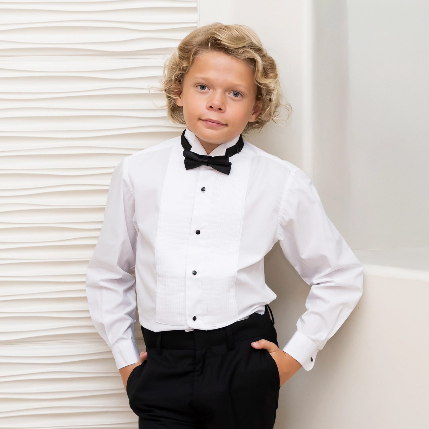 Gioberti Boy's Wing Tip Collar White Tuxedo Dress Shirt with Bow Tie and Metal Studs