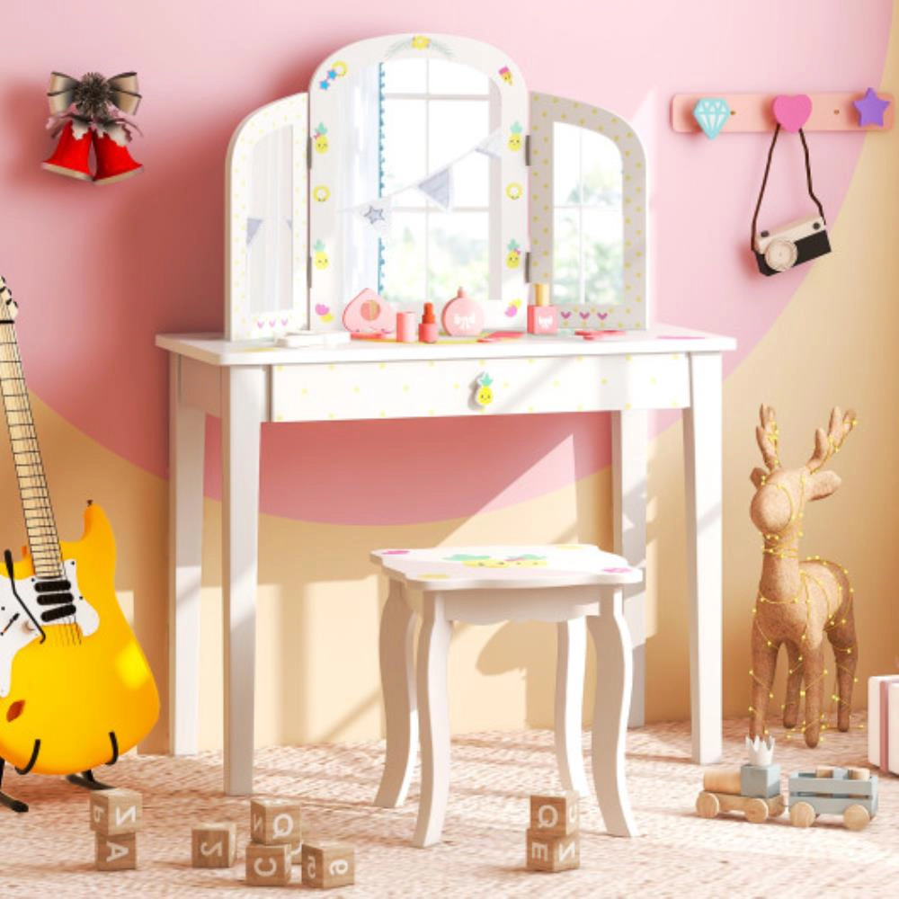 Hivvago Kids Vanity Table Set With Tri-Folding Mirror And Large Drawer-White