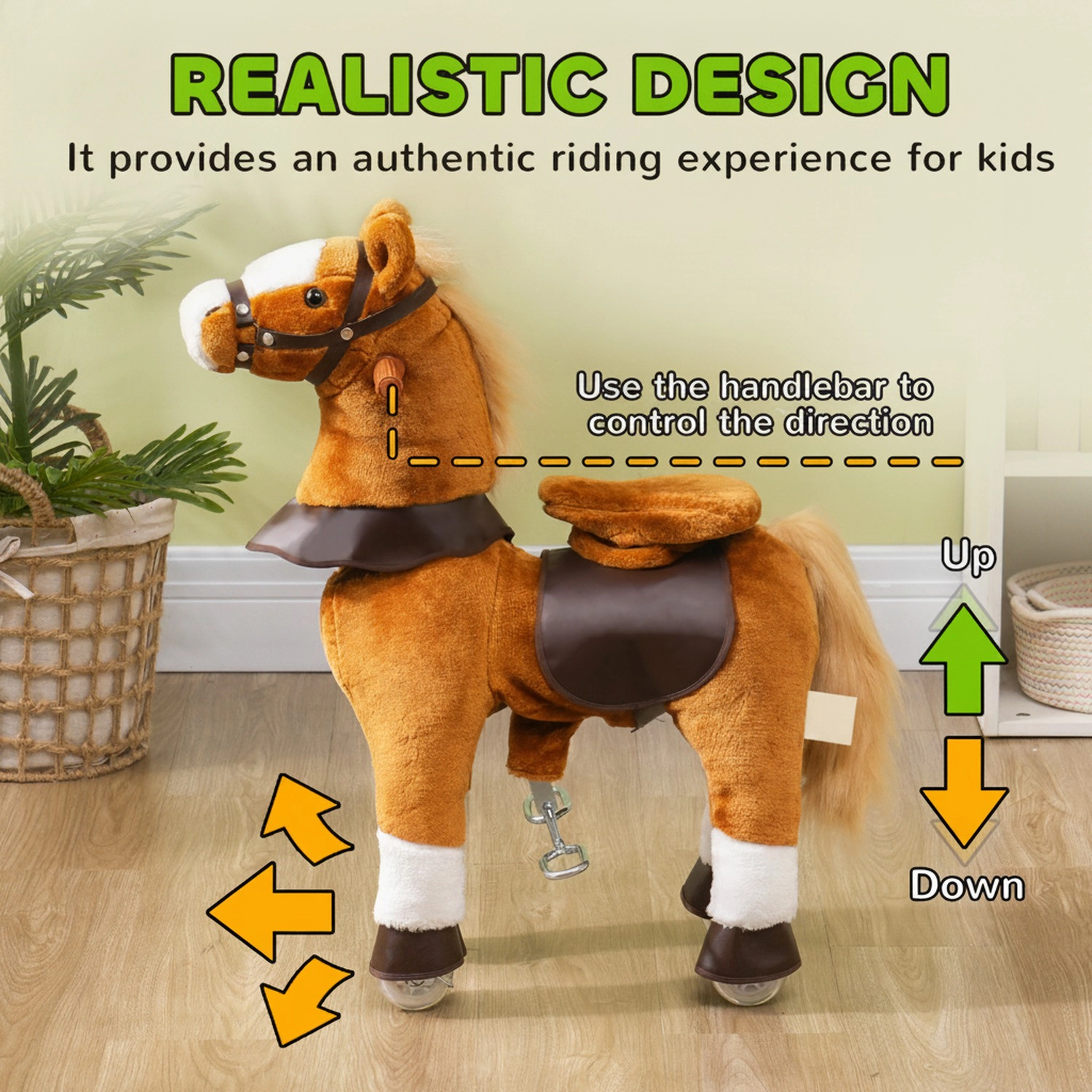 HONGGE Plush Ride-On Pony with Wheels, Neighing Sound & Handlebar, Holds up to 132 lbs, Ages 3-5, Brown