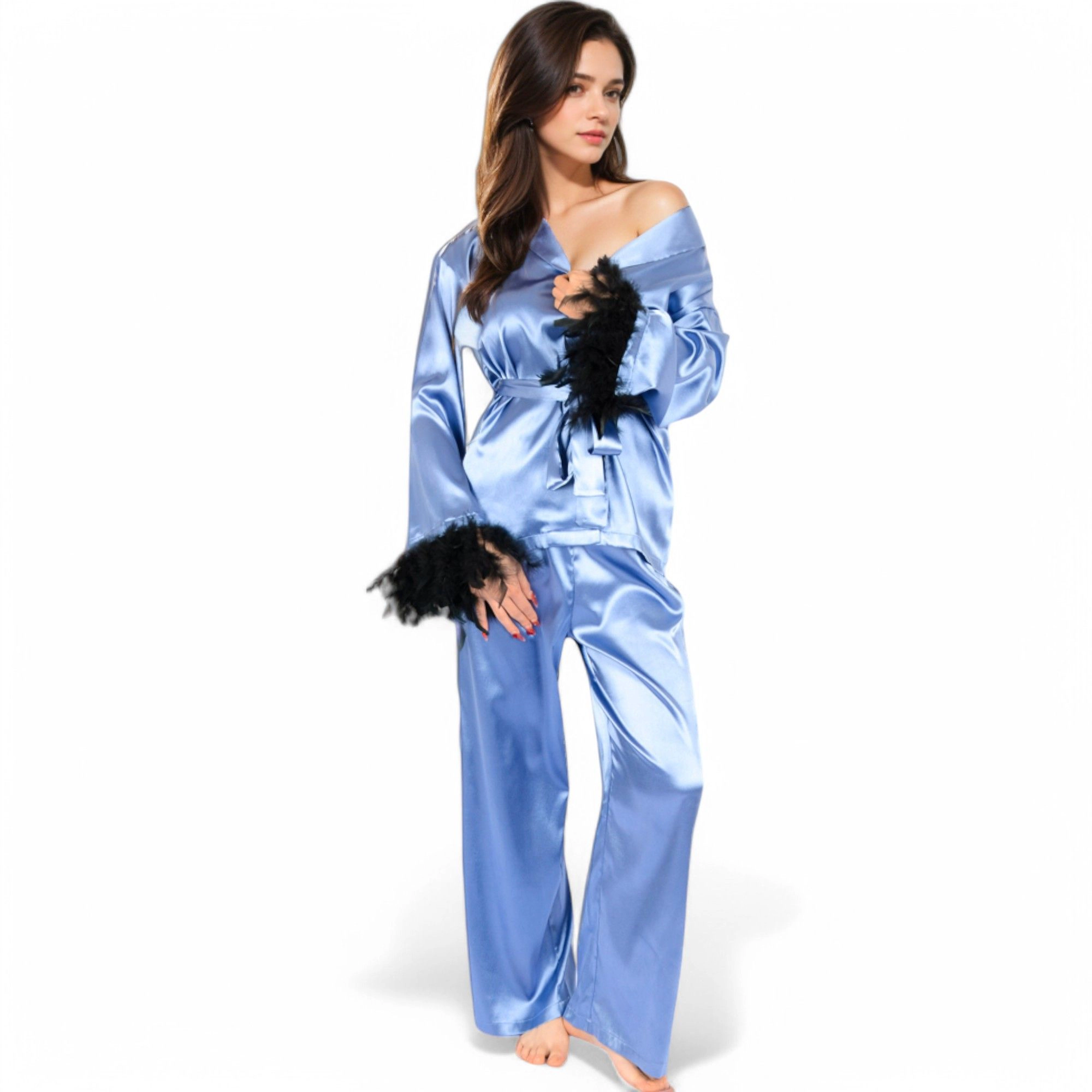Anna-Kaci Women's Satin Feather Trim Button Up Lounge Set with Wide Leg Pants