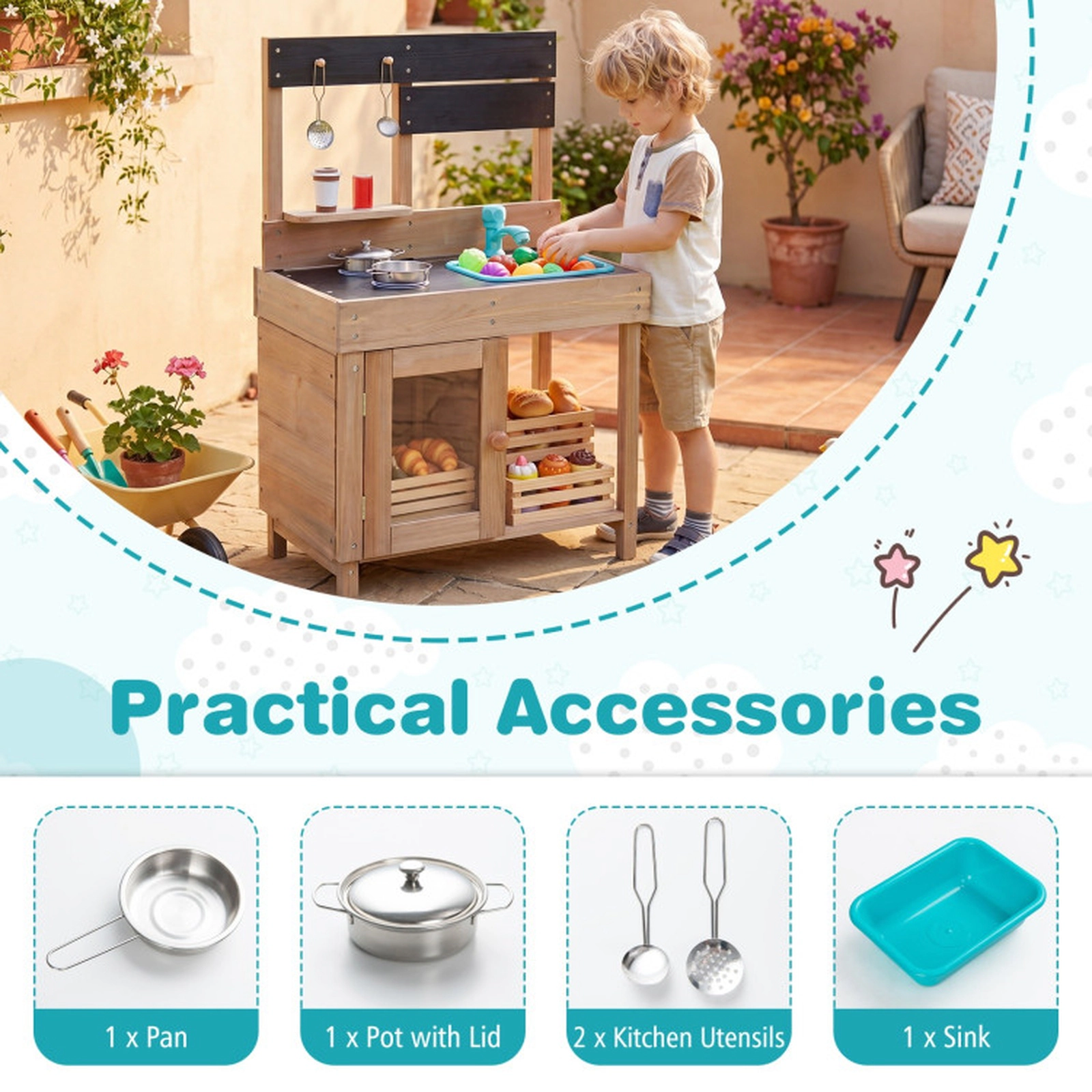 SUGIFT Natural Stove Top Storage Cabinet and Water Circulation Kids Wooden Pretend Play Kitchen