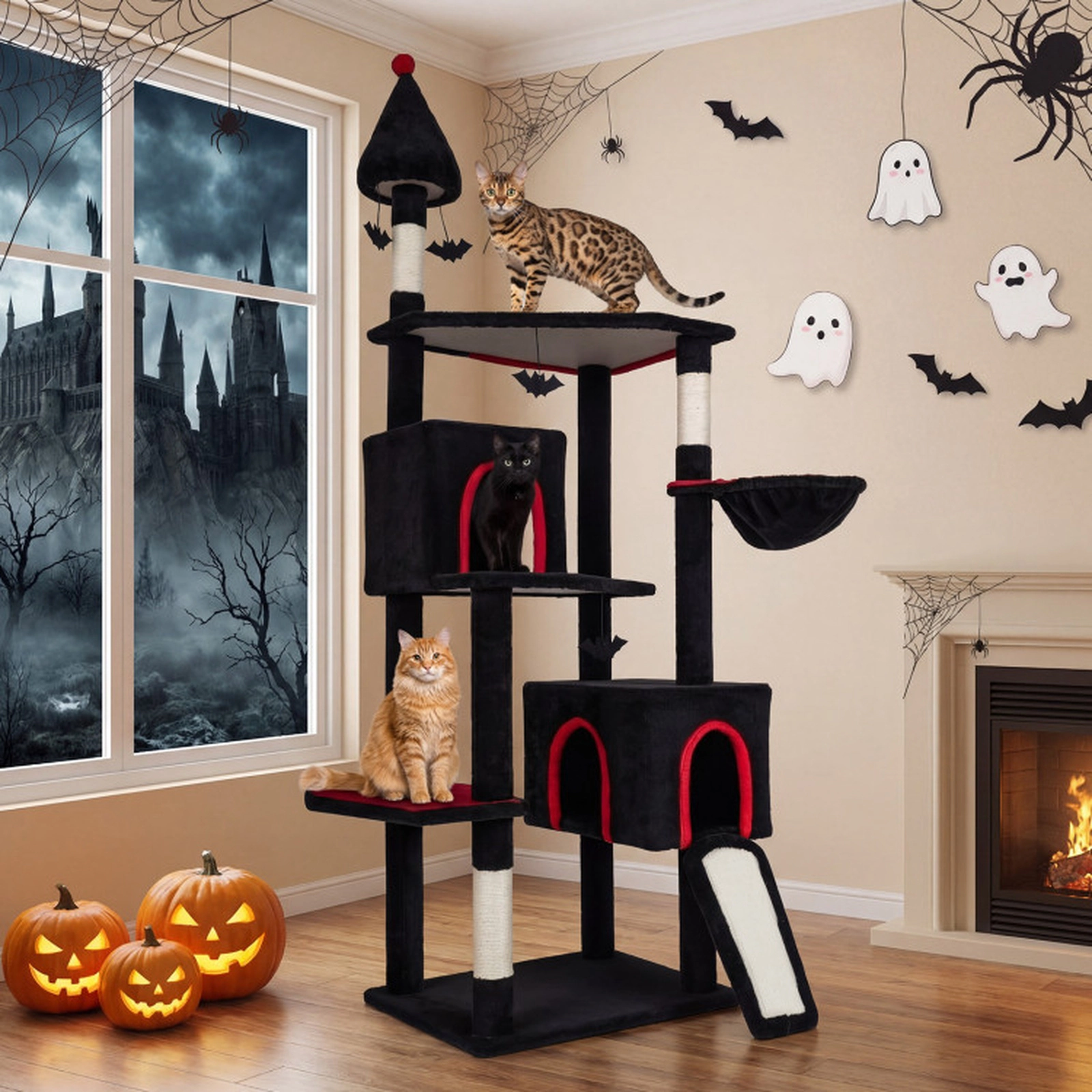 SUGIFT 75-in Gothic Cat Tree with 2 Condos Rotating Basket 2-in-1 Ramp and Padded Top Perch for Large Cats