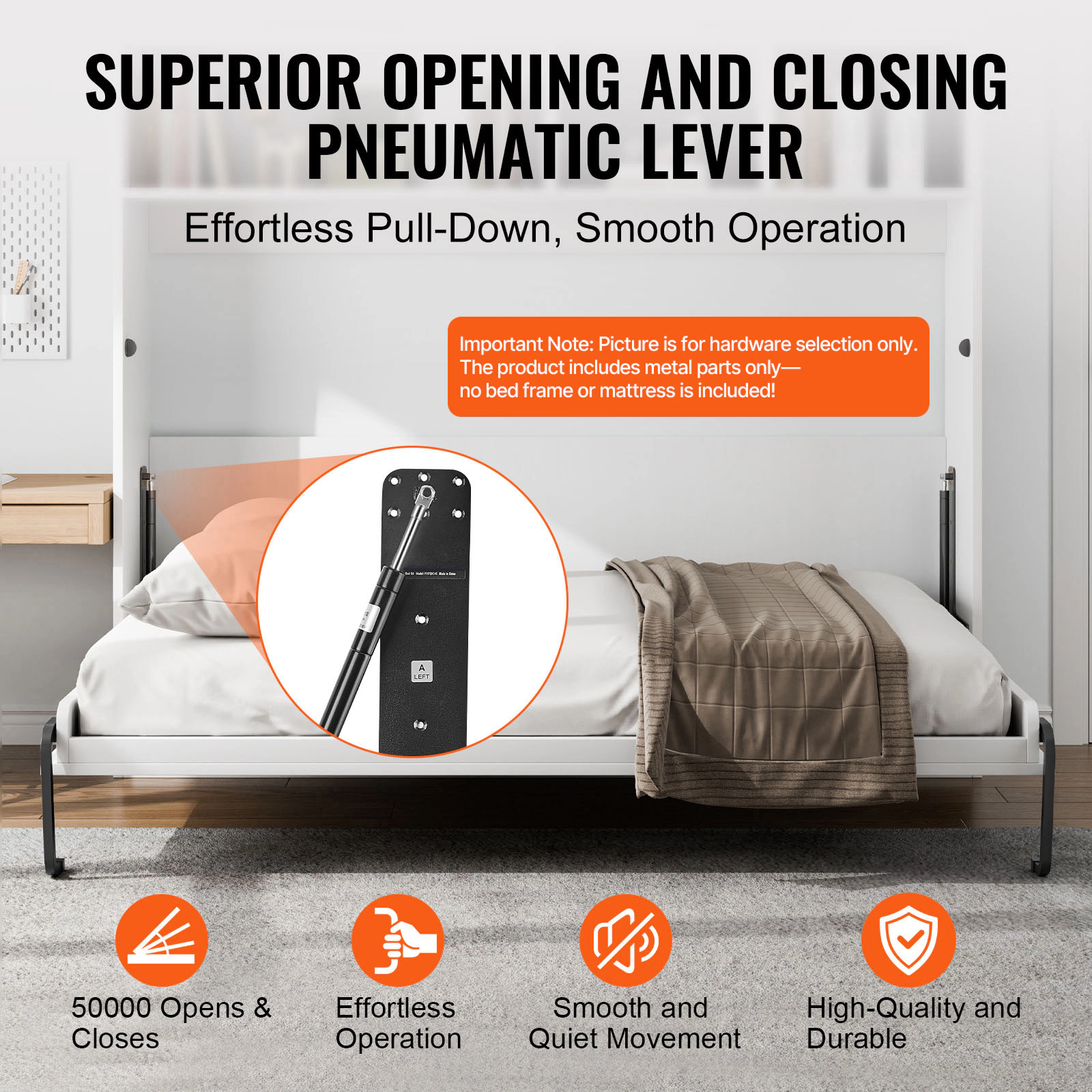 HONGGE Murphy Bed Kit Vertical Deluxe DIY Wall Bed Mechanical Hardware Kit Pneumatic Lever Heavy Duty Bed Frame Support