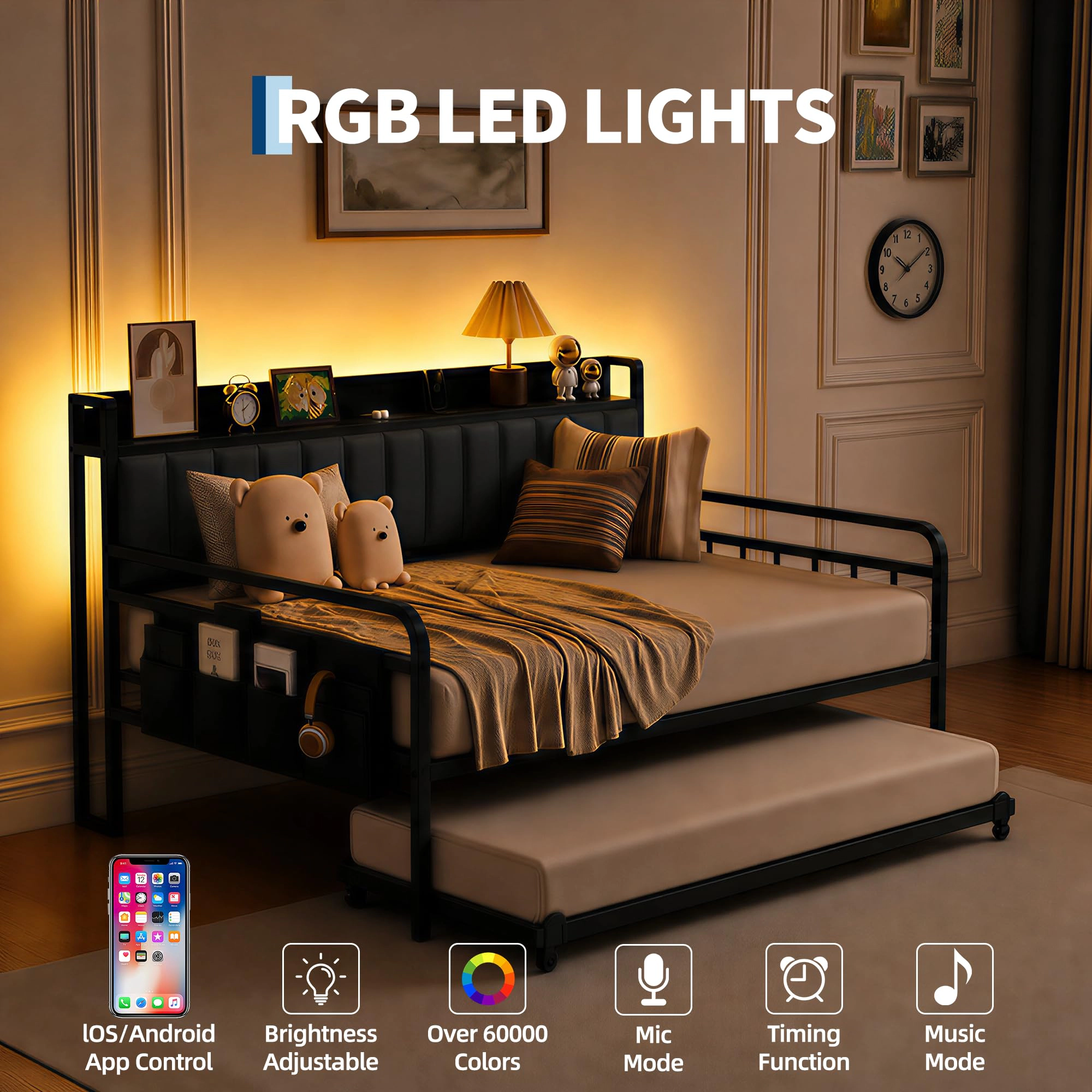 Metal Daybed with Trundle, Upholstered Storage Headboard, Charging Station, LED Lights and Lockable Casters