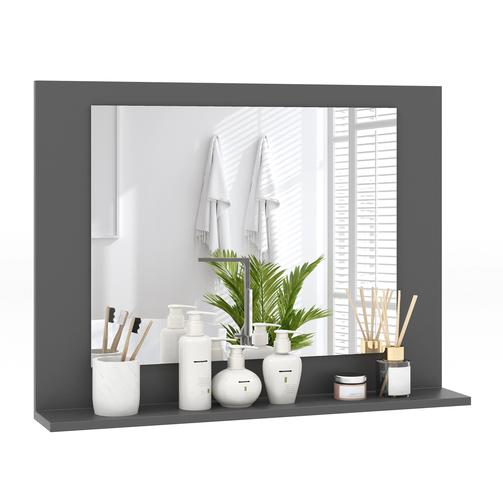 SUGIFT Rectangle Bathroom Mirror Gray 23.5 x 17.5 Inch with Wood Frame and Shelf