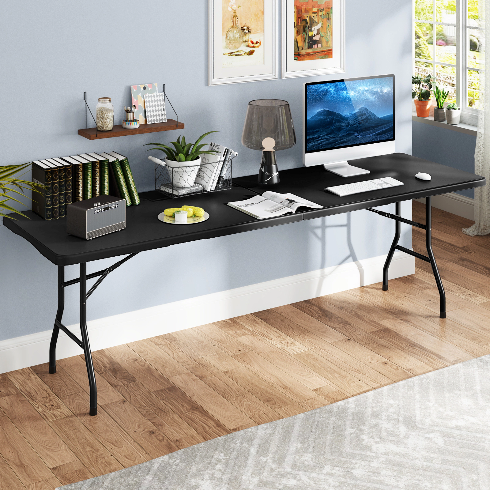 SUGIFT 8-Foot Folding Table, 350 lb Capacity, HDPE Top, Fold-in-Half Design, Black