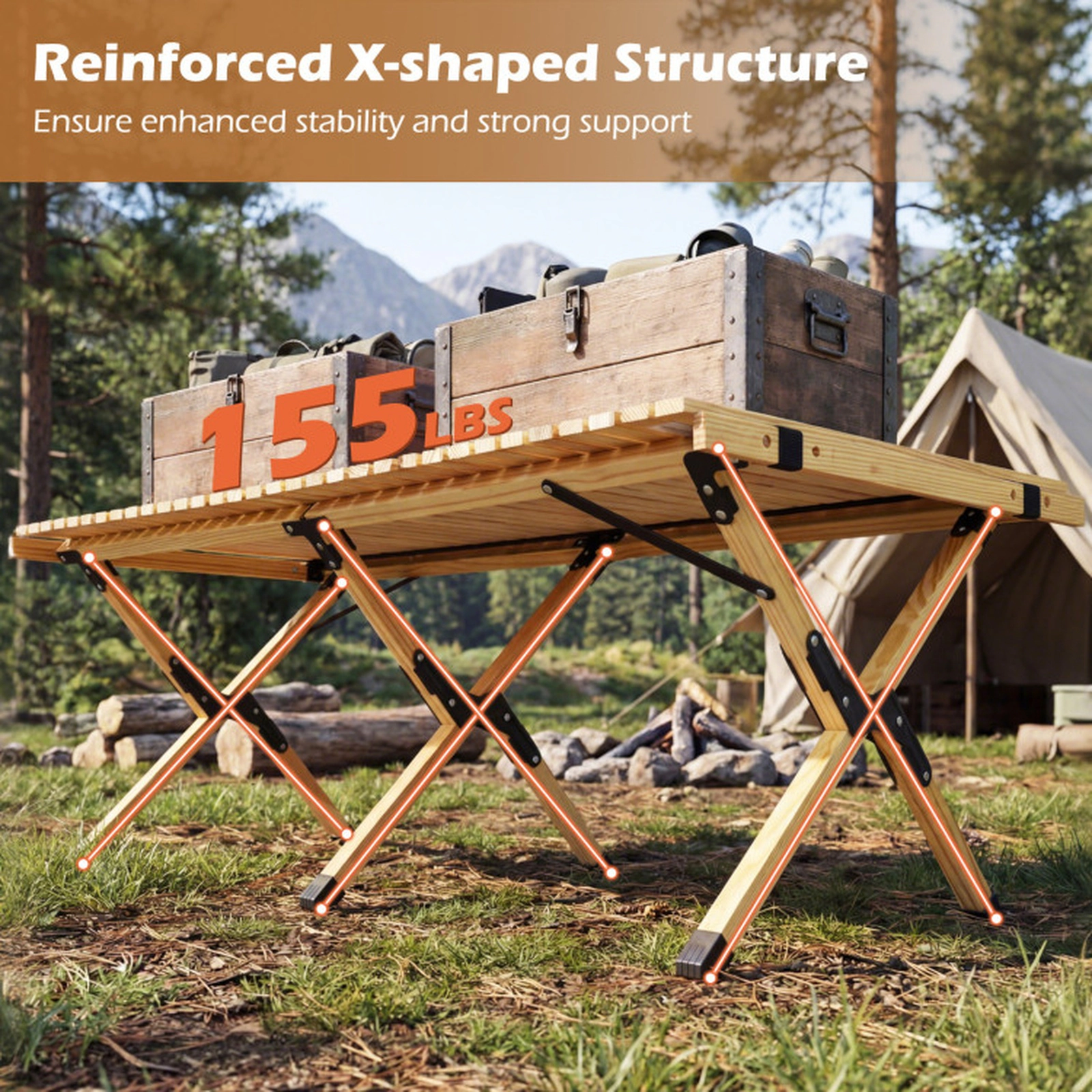 SUGIFT Natural Wood Roll Up Folding Camping Table with Carry Bag 48-in W 24-in D 18-in H 155-lb Tabletop Capacity