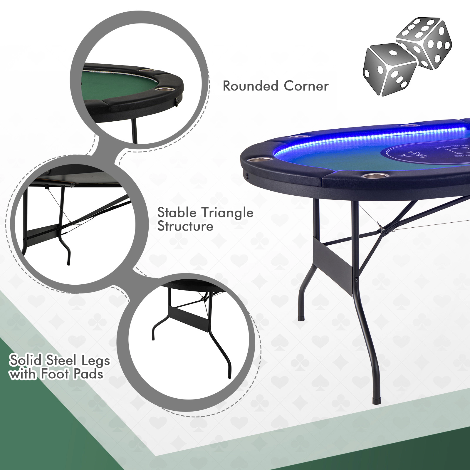 SUGIFT 84-in 10-Player 198.5-lb Capacity Folding Poker Table with LED Lights 4 USB Ports and Cup Holders