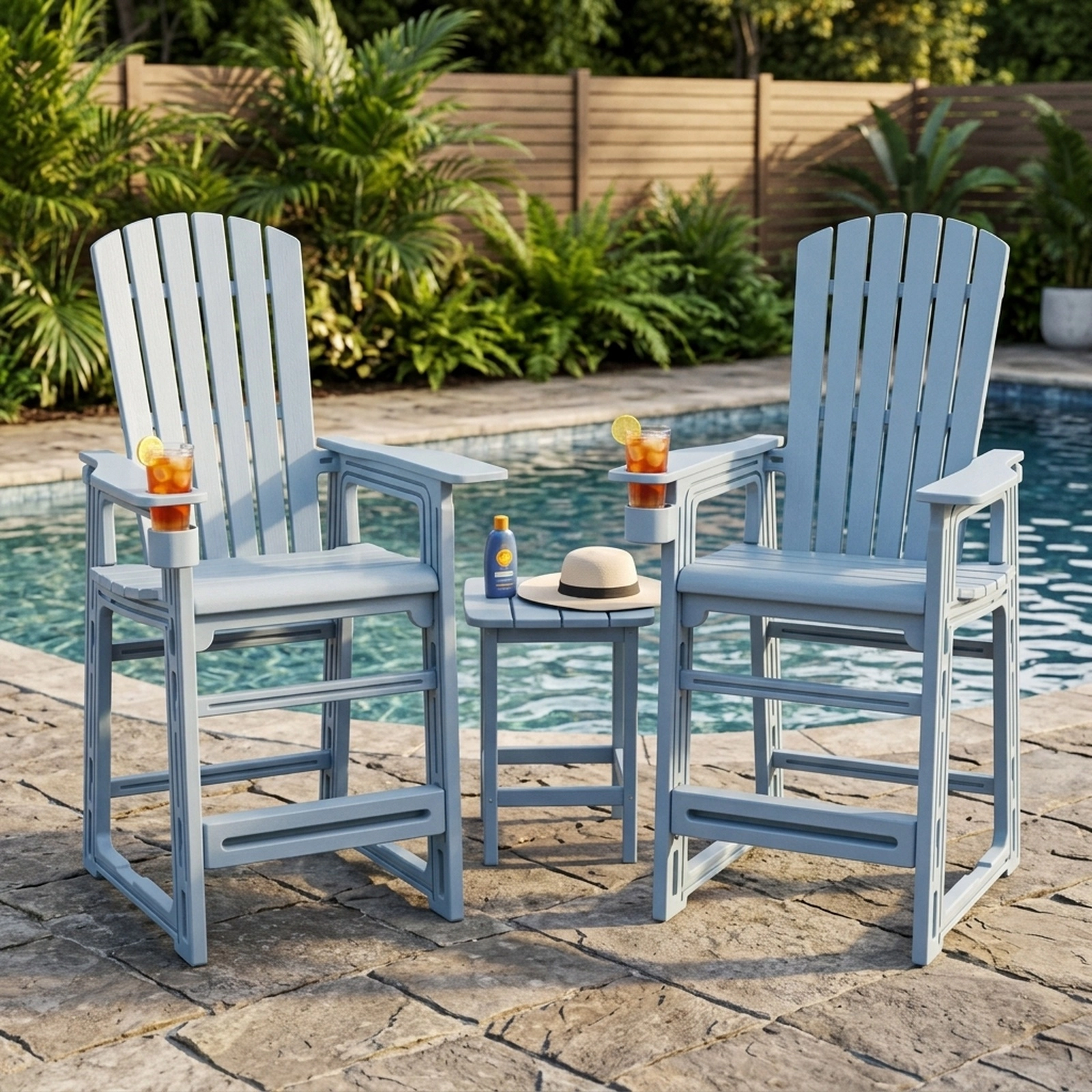 SUGIFT All-Weather HDPE Outdoor Bar Stool Set of 2 Backrest Armrests & Cup Holder 440-lb Capacity 29-in Seat Height Gray