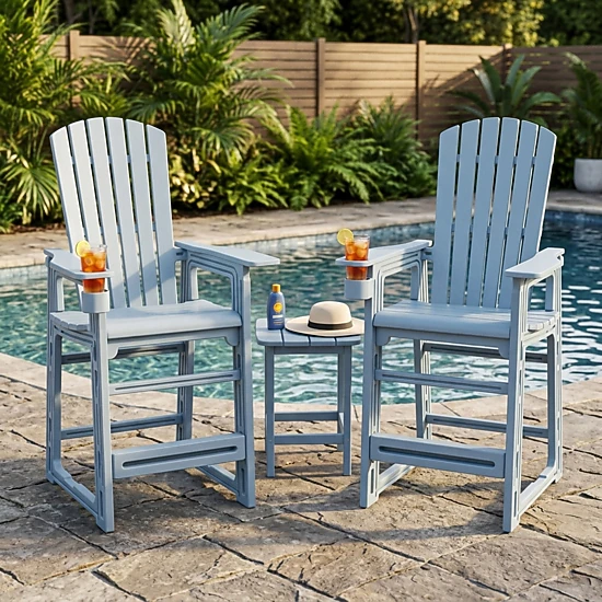 SUGIFT All-Weather HDPE Outdoor Bar Stool Set of 2 Backrest Armrests & Cup Holder 440-lb Capacity 29-in Seat Height Gray