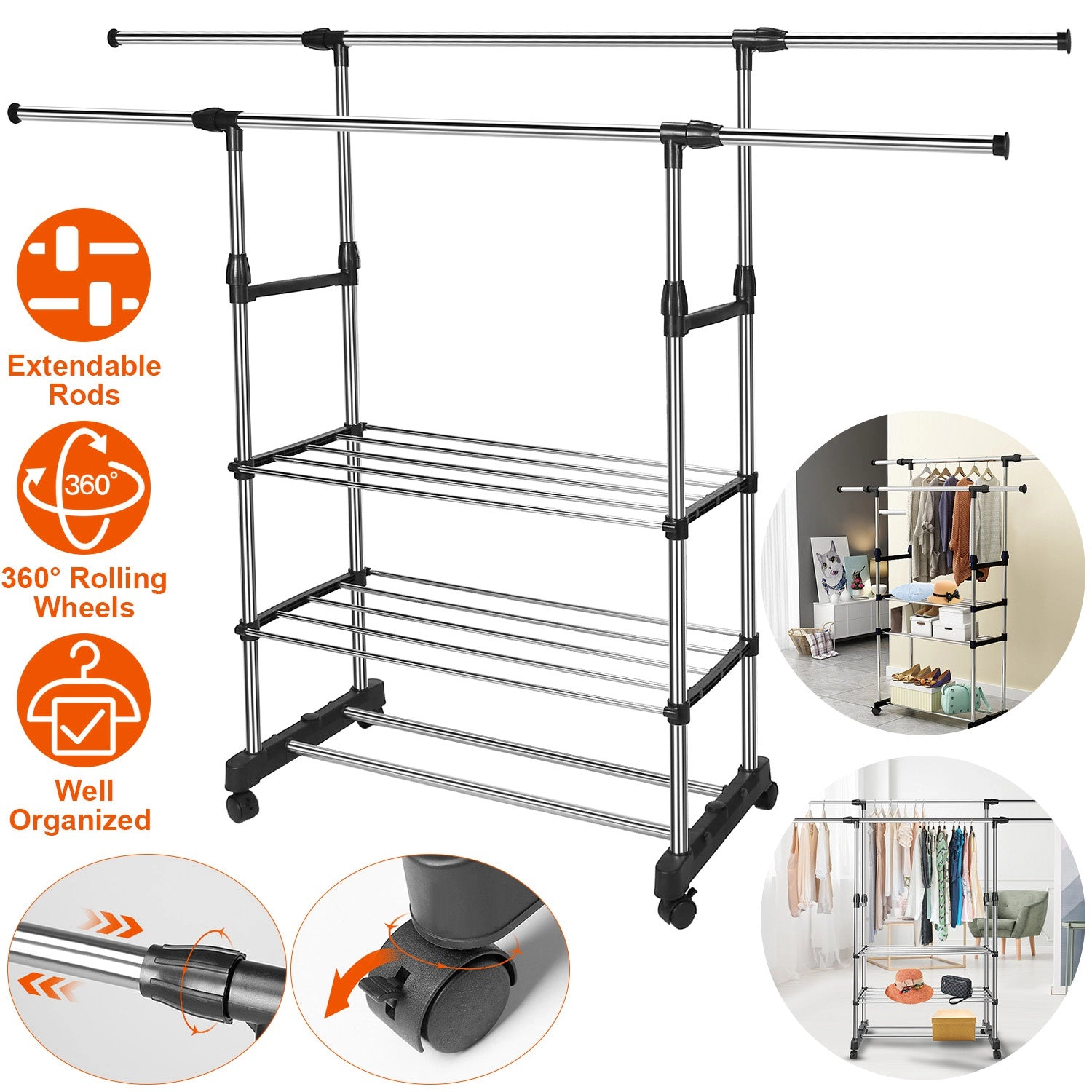 GBruno Extendable Rolling Garment Rack With Wheels