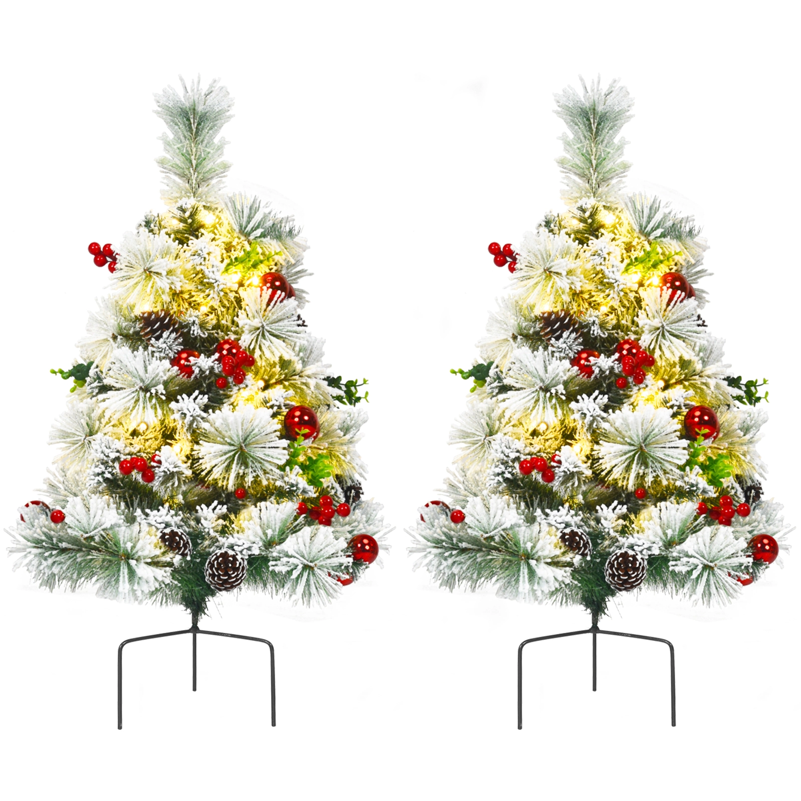 SUGIFT Set of 2 Pre-Lit Flocked Battery Powered Pathway Christmas Trees 2-ft Tall 30 LED Lights 8 Modes Green