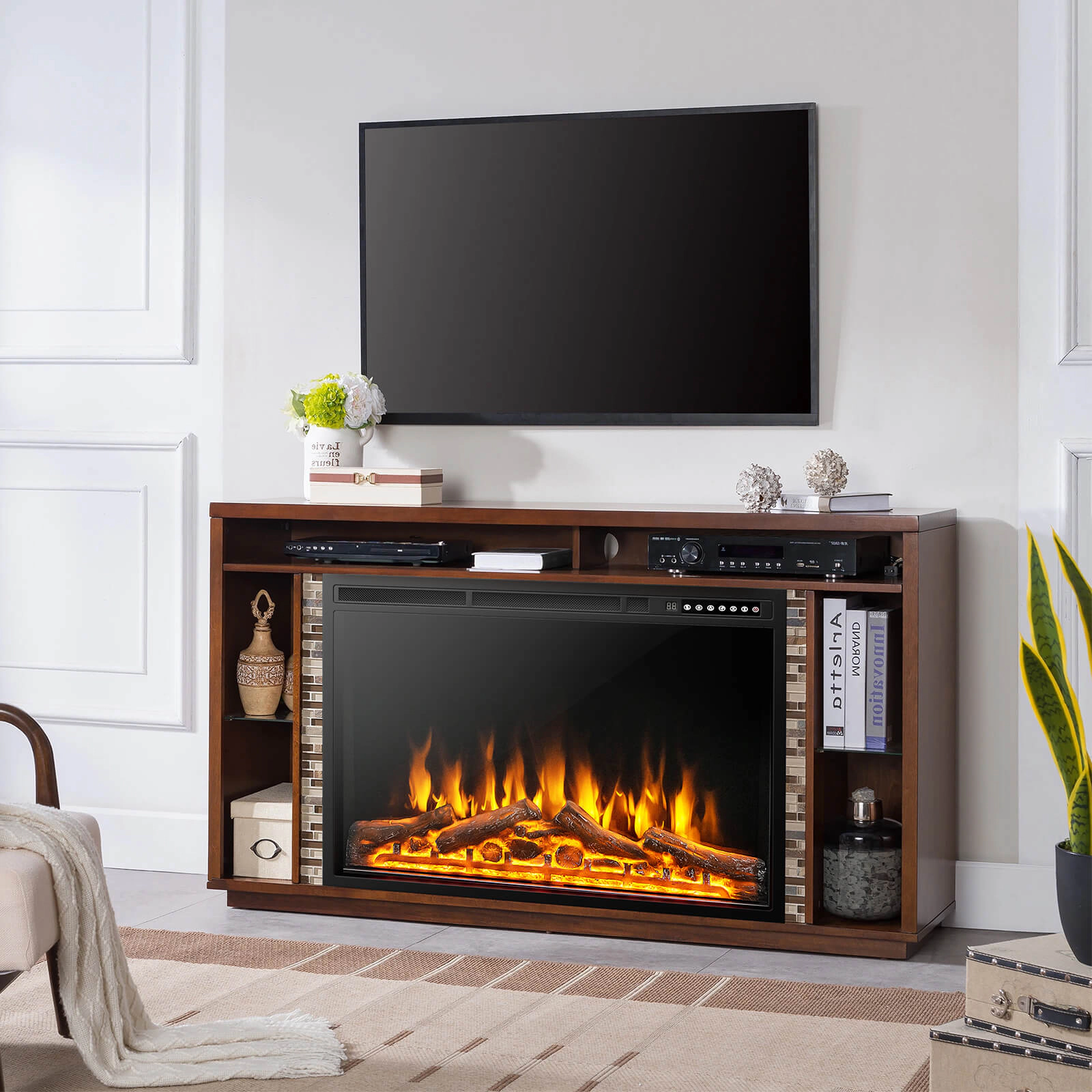 SUGIFT Adjustable Flame Electric Fireplace Recessed Heater 34- or 37-in Black 5100-BTU 750W/1500W with Timer and Remote