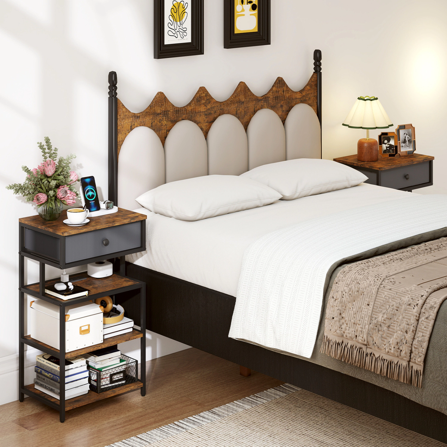 Hivvago Set of 2 Nightstand with Charging Station 28 Inch Tall Bedside Table with Fabric Drawer