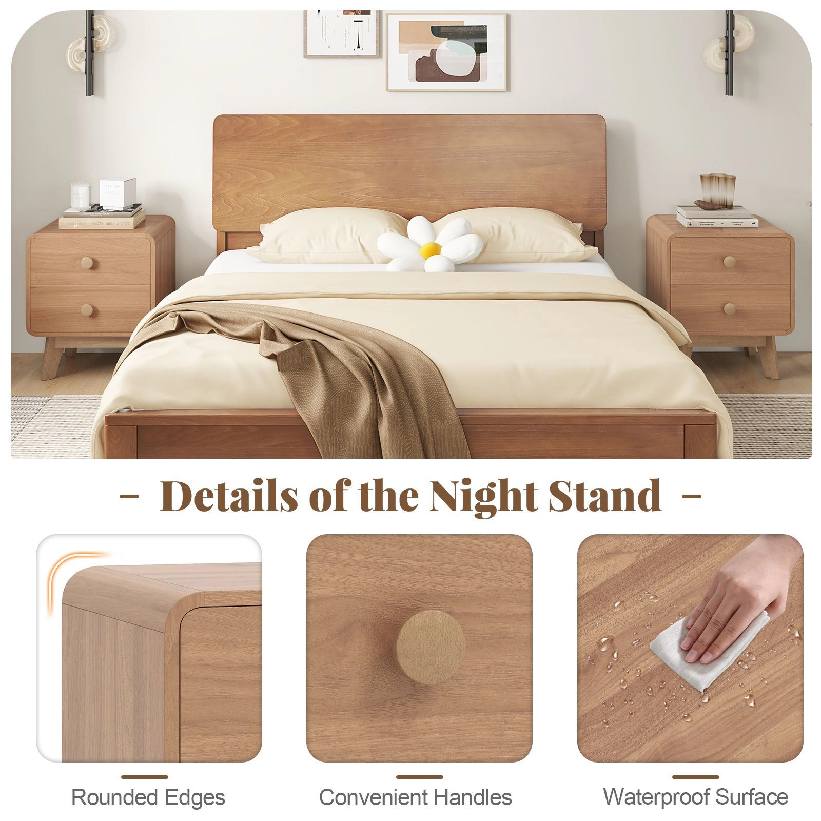 SlickBlue Modern 2-Drawer Nightstand with Solid Rubber Wood Legs