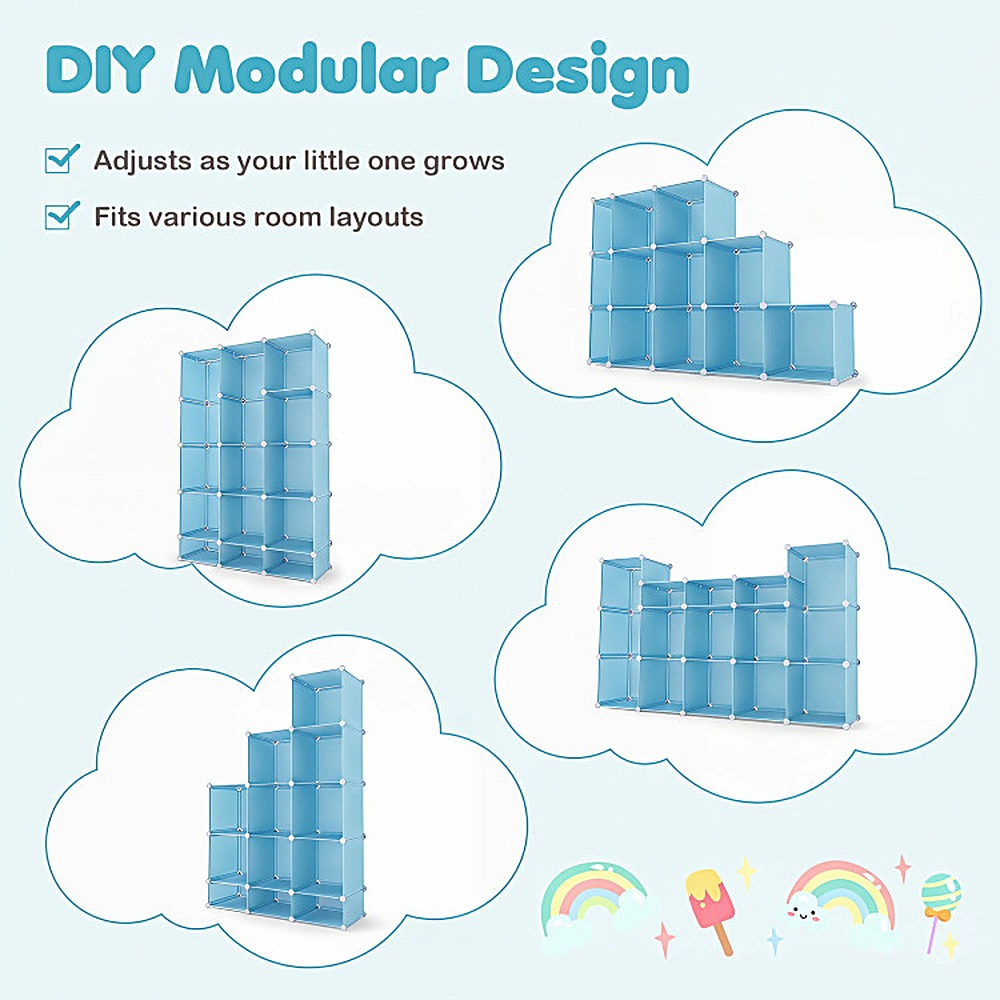 SUGIFT Modular 13-Cube Baby Wardrobe Storage Organizer with Hanging Rod and Shelves 6.5-lb Cube Capacity Stackable Blue