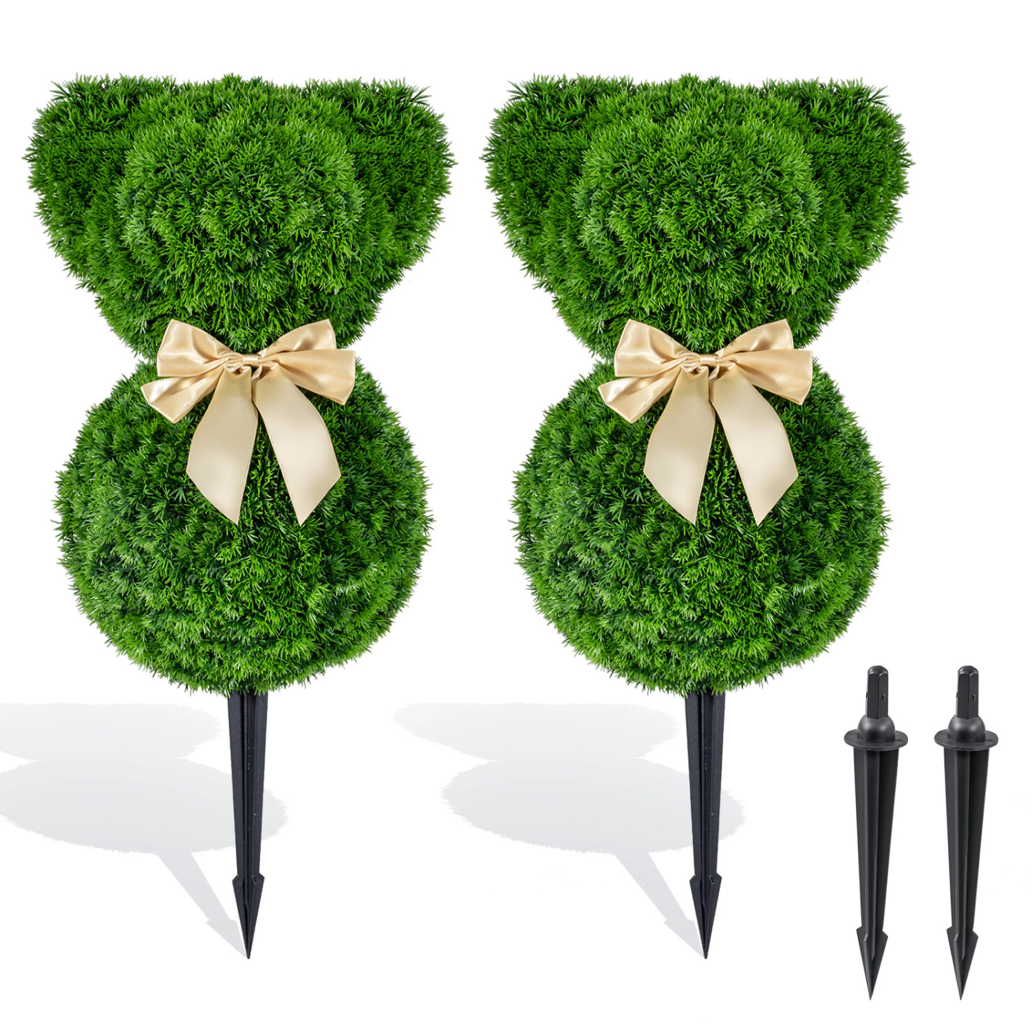 Slickblue Set of 2 Teddy Bear Topiary Trees Boxwood Style with Ground Spikes