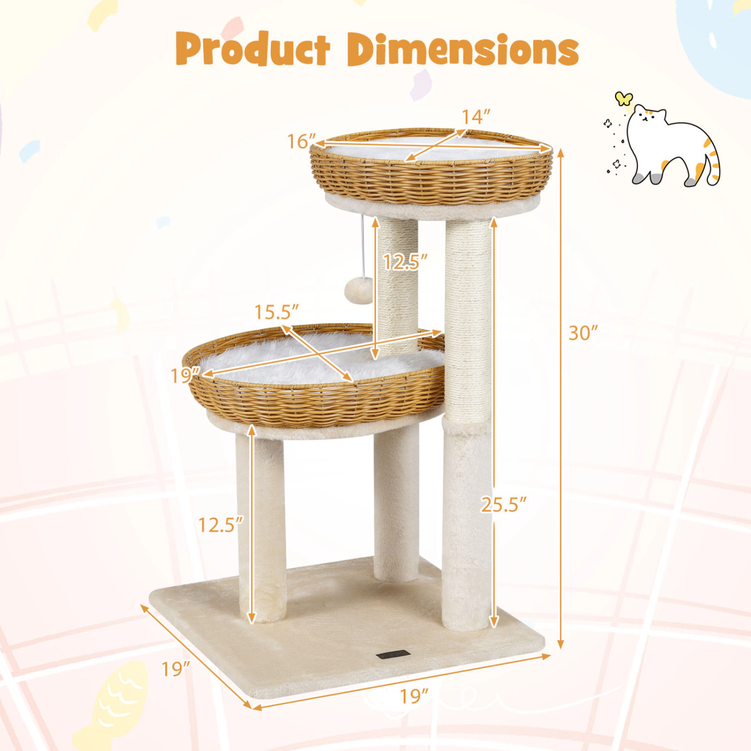 SlickBlue Unisex 30 Inch Rattan Cat Tower with 2 Baskets