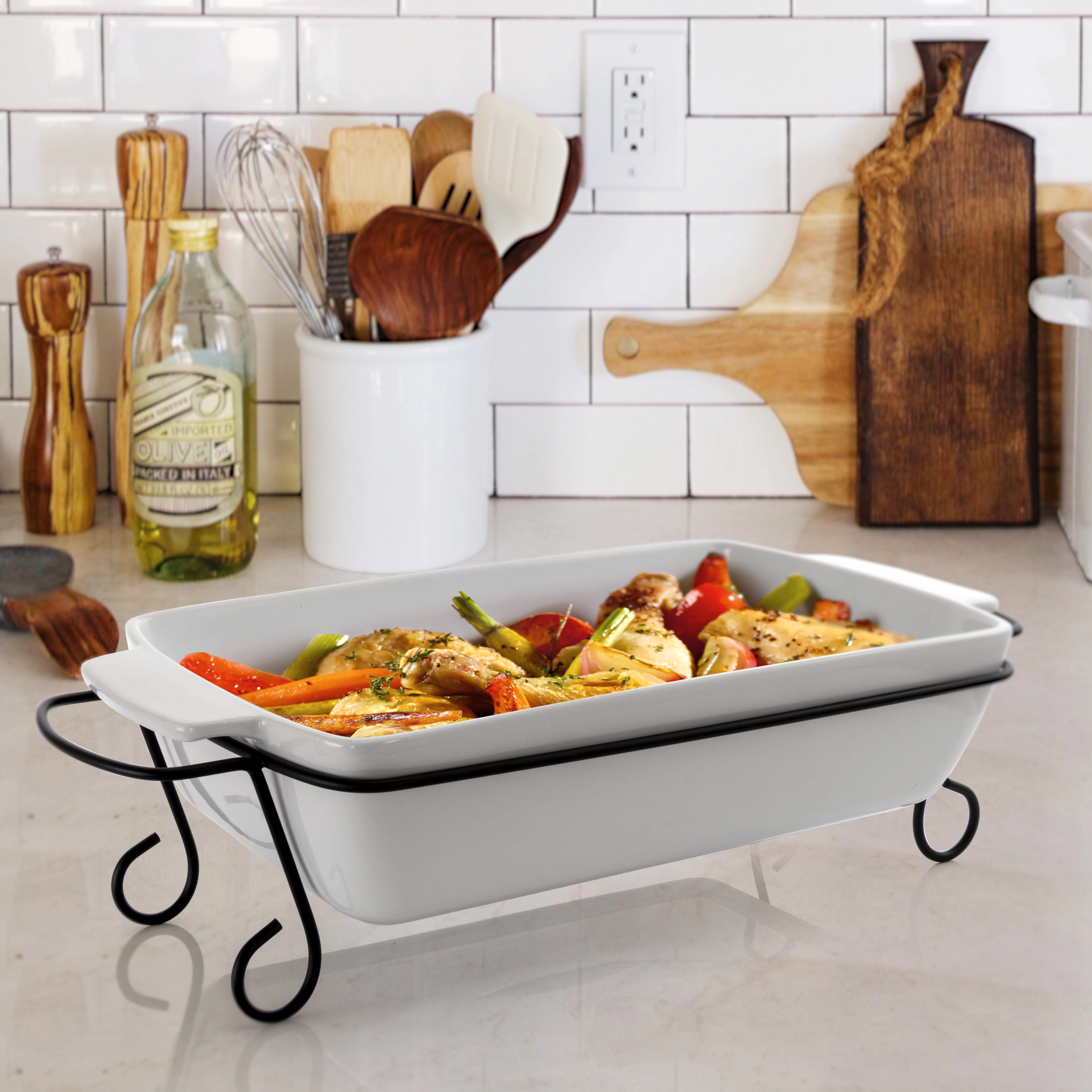 Gibson Elite 2 Piece Rectangle 15.5 Inch Stoneware Bakeware with Metal Rack