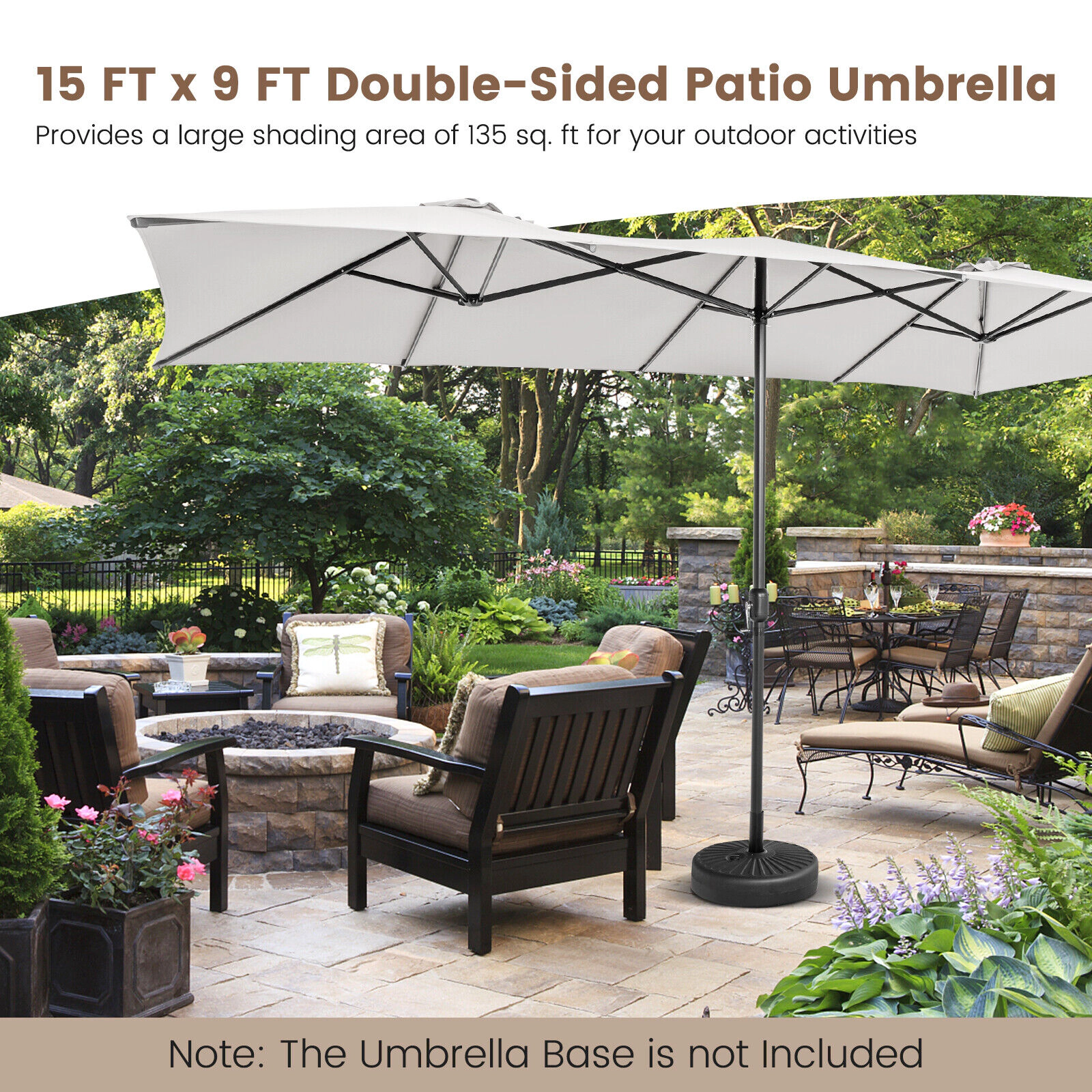 SUGIFT Beige 15 ft Double-Sided Patio Umbrella with Crank Handle and Vented Tops