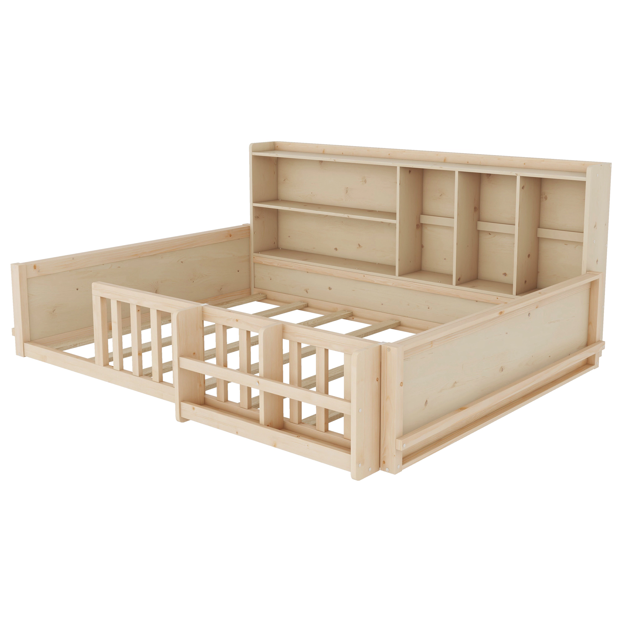 Flynama Full Kids Wood Platform Bed, Guardrail Fence & Storage Shelves, Natural