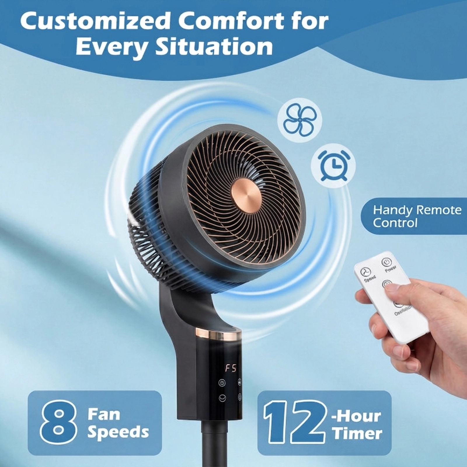 SUGIFT Compact Oscillating Pedestal Fan with 70° Swing and 90° Tilt 6.5-in Blade 900 CFM 8-Speed Remote Control Black