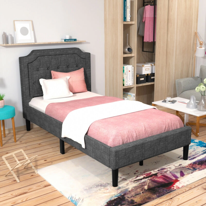 SUGIFT Gray Tufted Headboard and Wood Slats Twin Size Linen Upholstered Platform Bed
